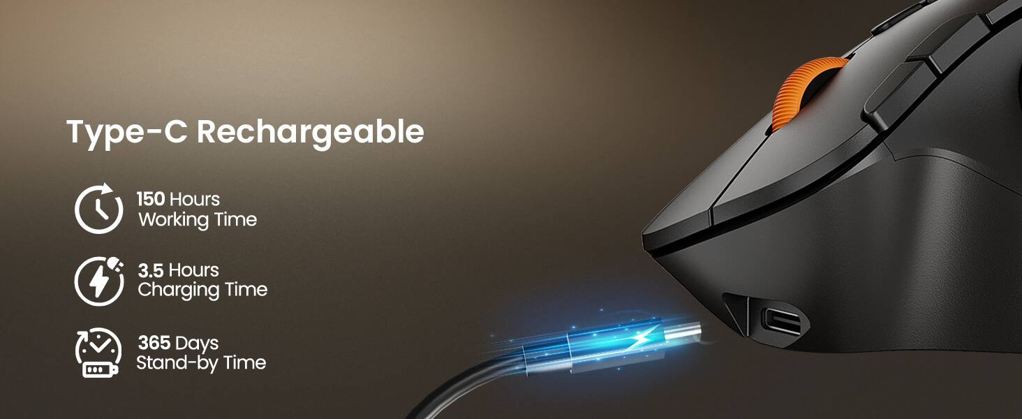 Type-C Rechargeable  
150 Hours Working Time  
3.5 Hours Charging Time  
365 Days Stand-by Time