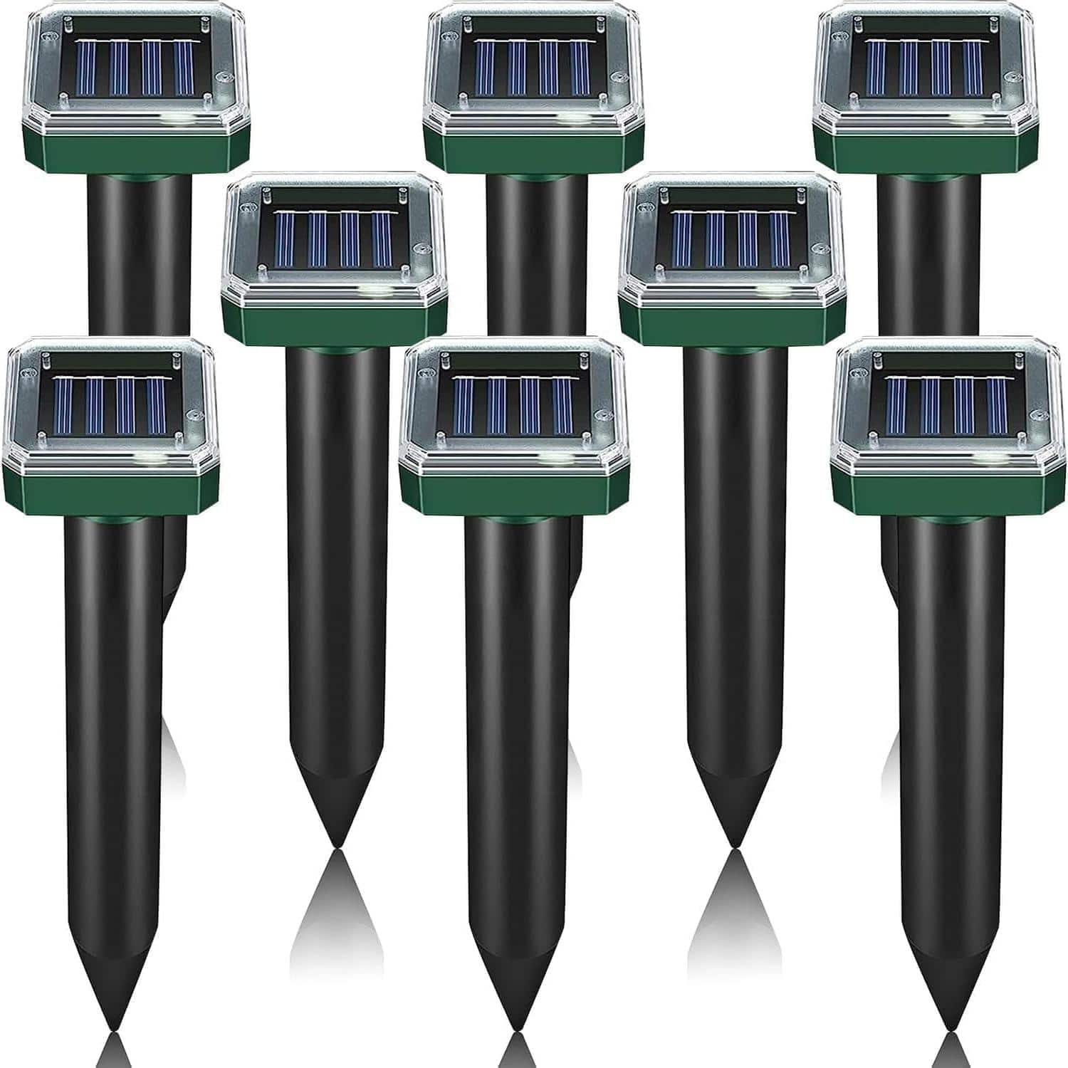 Front. Yardgrace - 8 Pack Solar Ultrasonic Mole Repellent Stakes, Waterproof Sonic Spikes for Lawn Garden - for Gophers, Voles, Chipmunks - Green.