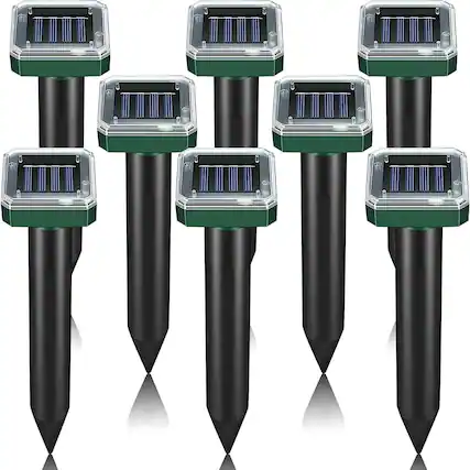 Front. Yardgrace - 8 Pack Solar Ultrasonic Mole Repellent Stakes, Waterproof Sonic Spikes for Lawn Garden - for Gophers, Voles, Chipmunks - Green.