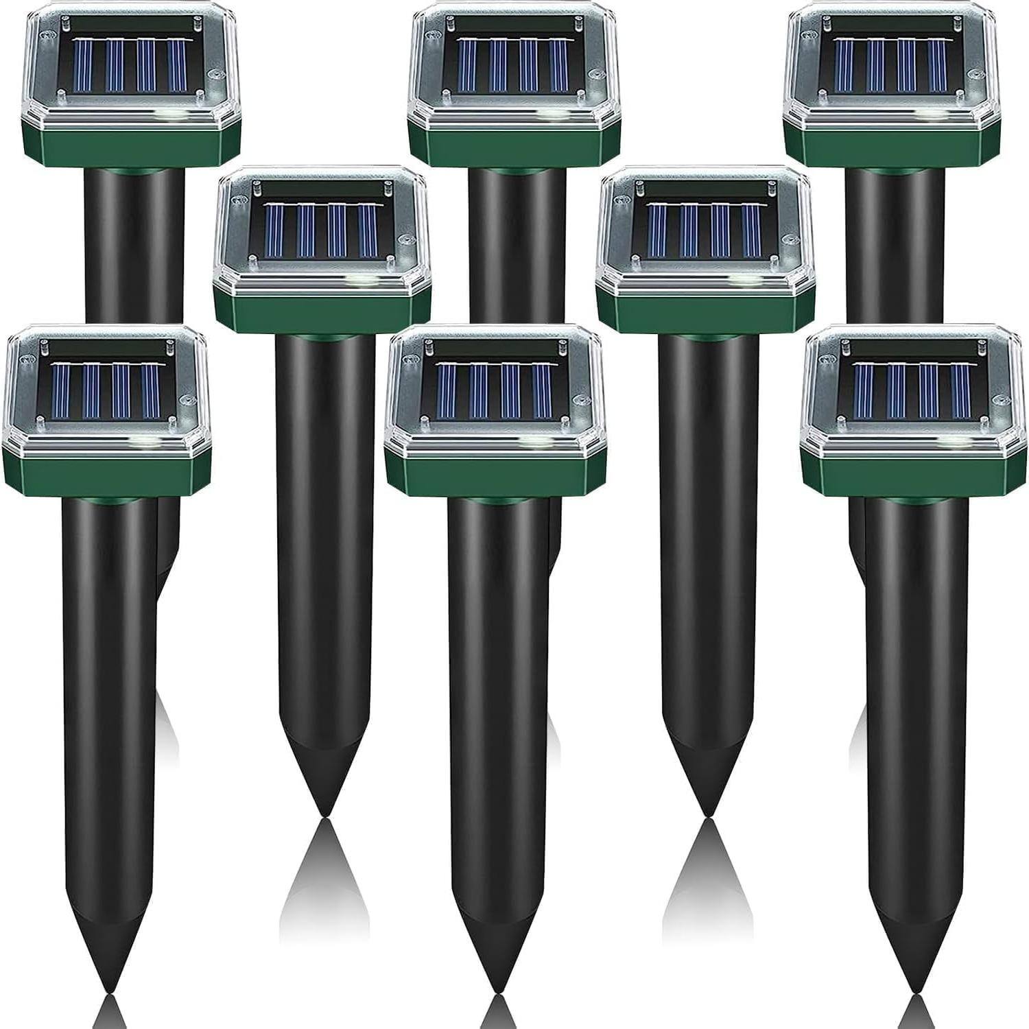 Front. Yardgrace - 8 Pack Solar Ultrasonic Mole Repellent Stakes, Waterproof Sonic Spikes for Lawn Garden - for Gophers, Voles, Chipmunks - Green.