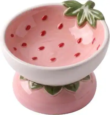 Front. PawsPik - PawsPik Strawberry Elevated Angled Ceramic Cat Bowl, Pink, 8-oz - Red.