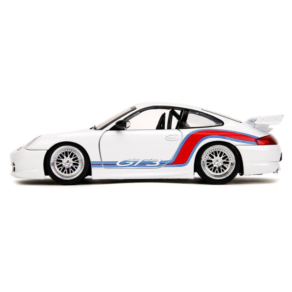 Left. Jada - Porsche 911 GT3 (996) White with Red and Blue Stripes "Hyper-Spec" Series 1/24 - White with Red and Blue Stripes.