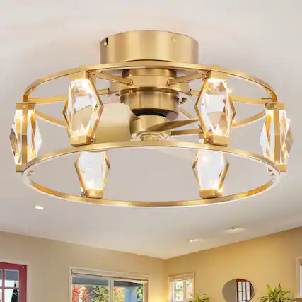 Front. Breezary - 20-Inch Indoor Flush Mount Caged Ceiling Fan with 3 ABS Blades, DC Motor, 6-Speed Remote Control, Timer, Modern Design - Antique Brass with Gold-Copper.