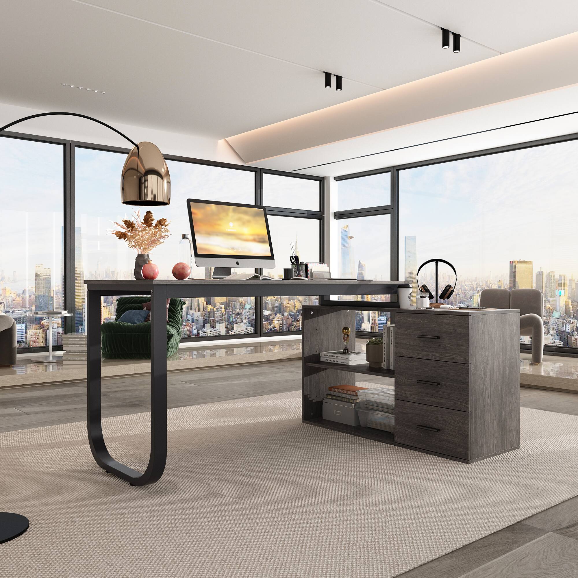 Alt View 9. FUFU & GAGA - FUFU&GAGA L - Shaped Office Desk with Storage - Modern Workstation for Home & Office - Gray.