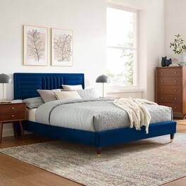 Modway - Sofia Channel Tufted Performance Velvet Platform Bed With Wood and Gold Legs - Navy