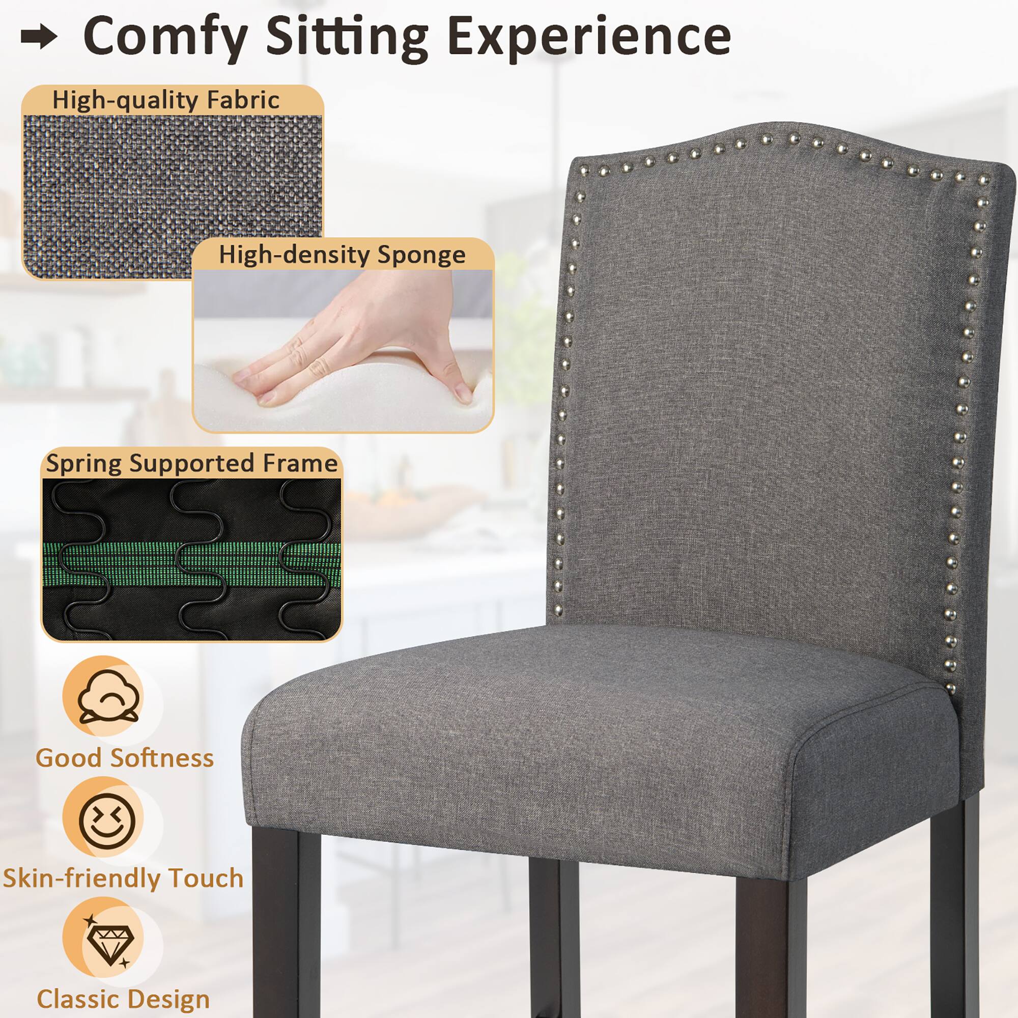 Comfy Sitting Experience

- High-quality Fabric
- High-density Sponge
- Spring Supported Frame
- Good Softness
- Skin-friendly Touch
- Classic Design