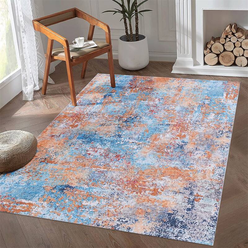 Left. HTUTWOO - Foldable Machine Washable Area Rug 8x10 - Chenille Low Pile, Non-Slip TPR Backing, Stain Resistant, Super Soft Durable - Multi.