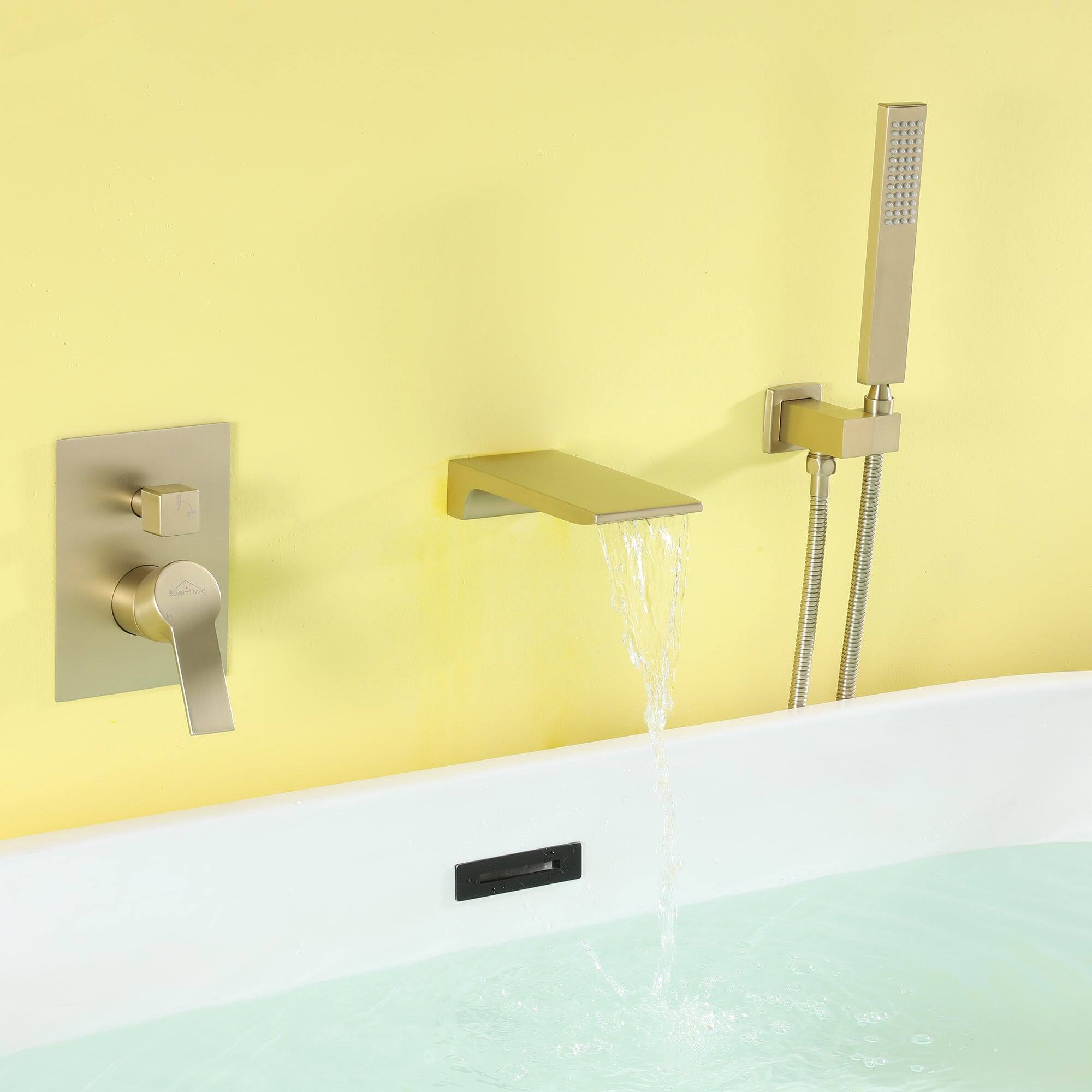 Alt View 3. Boyel Living - Single-Handle Wall Mount Roman Tub Faucet with Hand Shower in Brushed Gold - Brushed Gold.