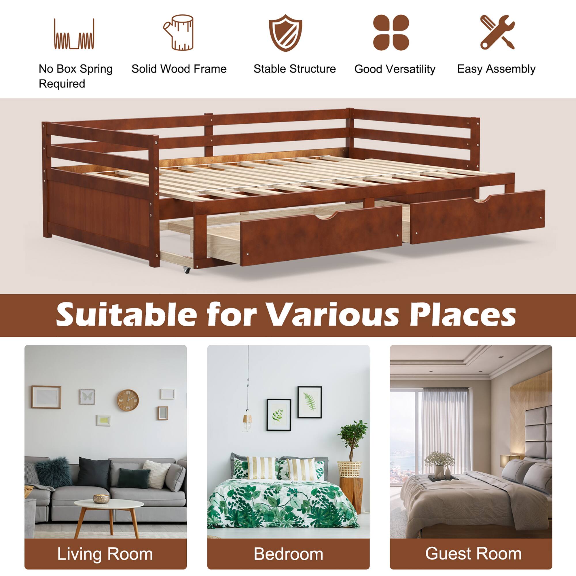 The text on the image is already grouped and correctly written. It reads: "No Box Spring Required Solid Wood Frame Stable Structure Good Versatility Easy Assembly Suitable for Various Places X Living Room Bedroom Guest Room."