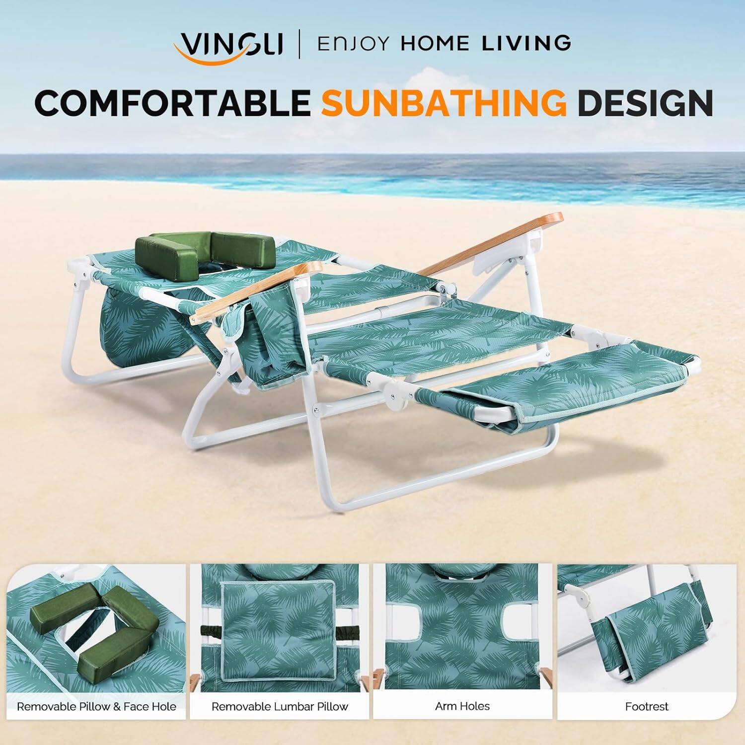 VINGLI | ENJOY HOME LIVING  
COMFORTABLE SUNBATHING DESIGN  

- Removable Pillow & Face Hole  
- Removable Lumbar Pillow  
- Arm Holes  
- Footrest