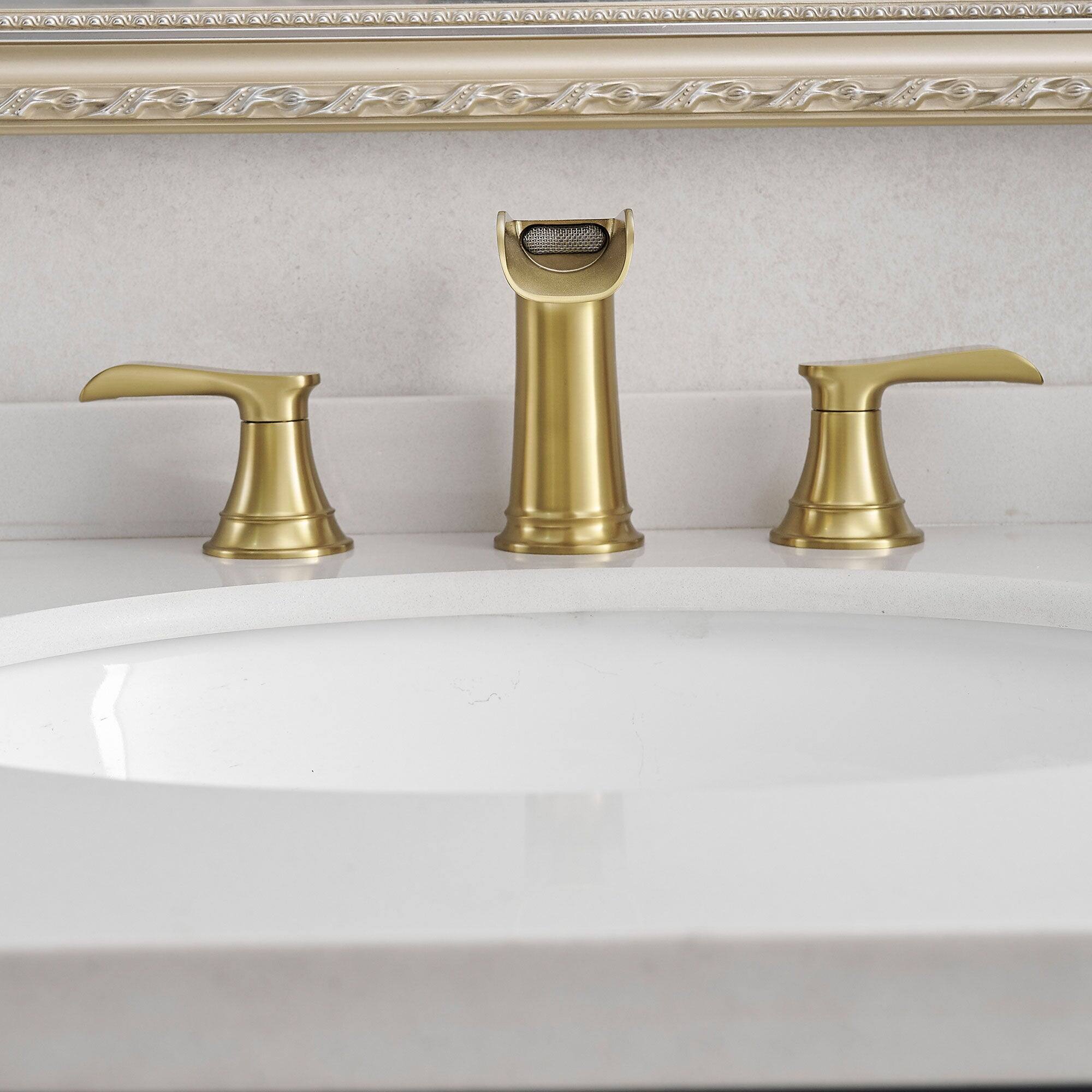 Alt View 10. Boyel Living - Waterfall 8 Inch Widespread Double Handle Brass Bathroom Faucet with Pop Up Drain and Water Supply Hoses in Brushed Gold - Brushed Gold.