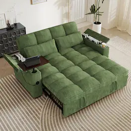 Anysun - 65" Corduroy Convertible Sleeper Sofa with Cup Holder & Storage Armrests, Swivel Table, Adjustable Backrest - Green