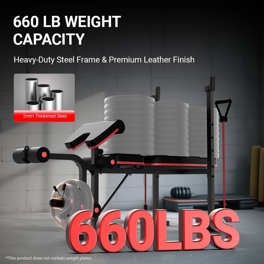 660 LB WEIGHT CAPACITY  
Heavy-Duty Steel Frame & Premium Leather Finish  
2mm Thickened Steel  
660LBS  
*This product does not contain weight plates