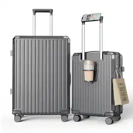 Sugift - 2-Piece Hardside Luggage Set 20" 24" PC Suitcase with TSA Lock Spinner Wheels Aluminum Handle Cup & Phone - Gray
