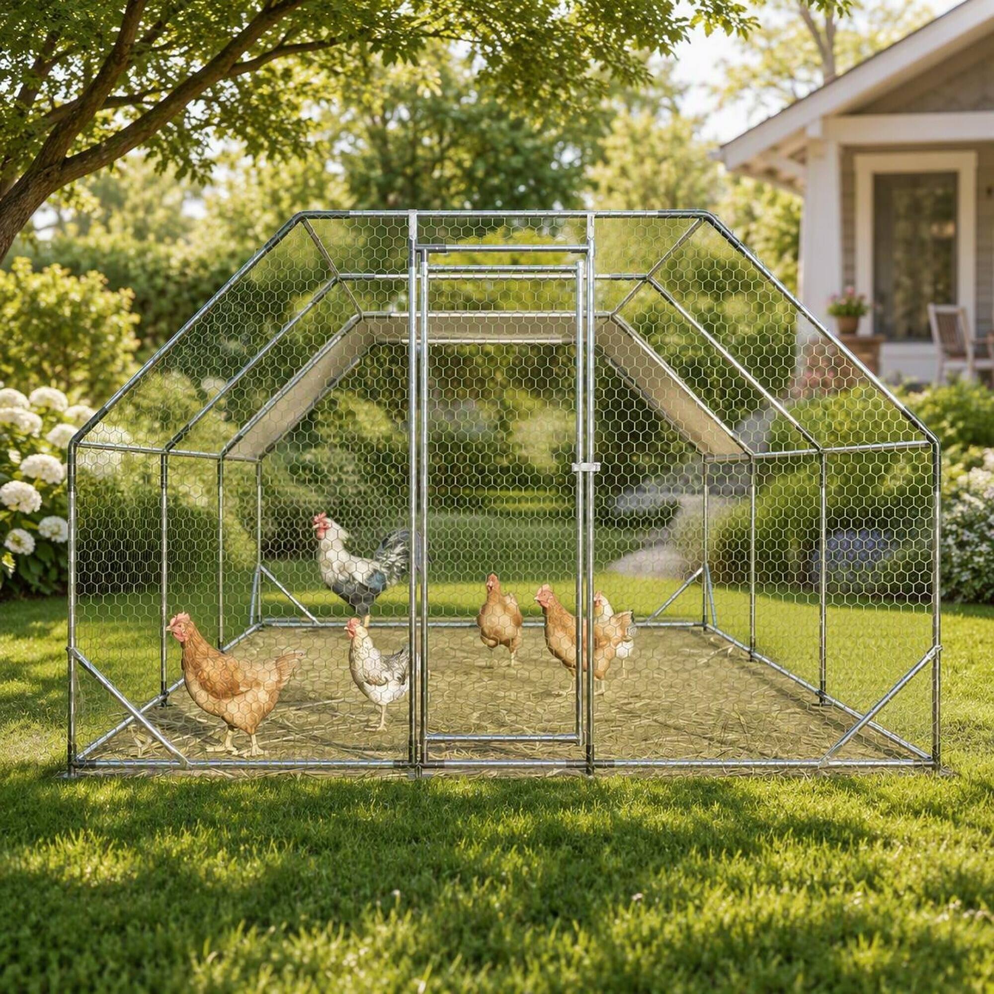 Angle. RYHNUYNE - 10x20 ft Galvanized Metal Chicken Coop, Large Walk-in Poultry Run with Waterproof Cover, Outdoor Hen House.