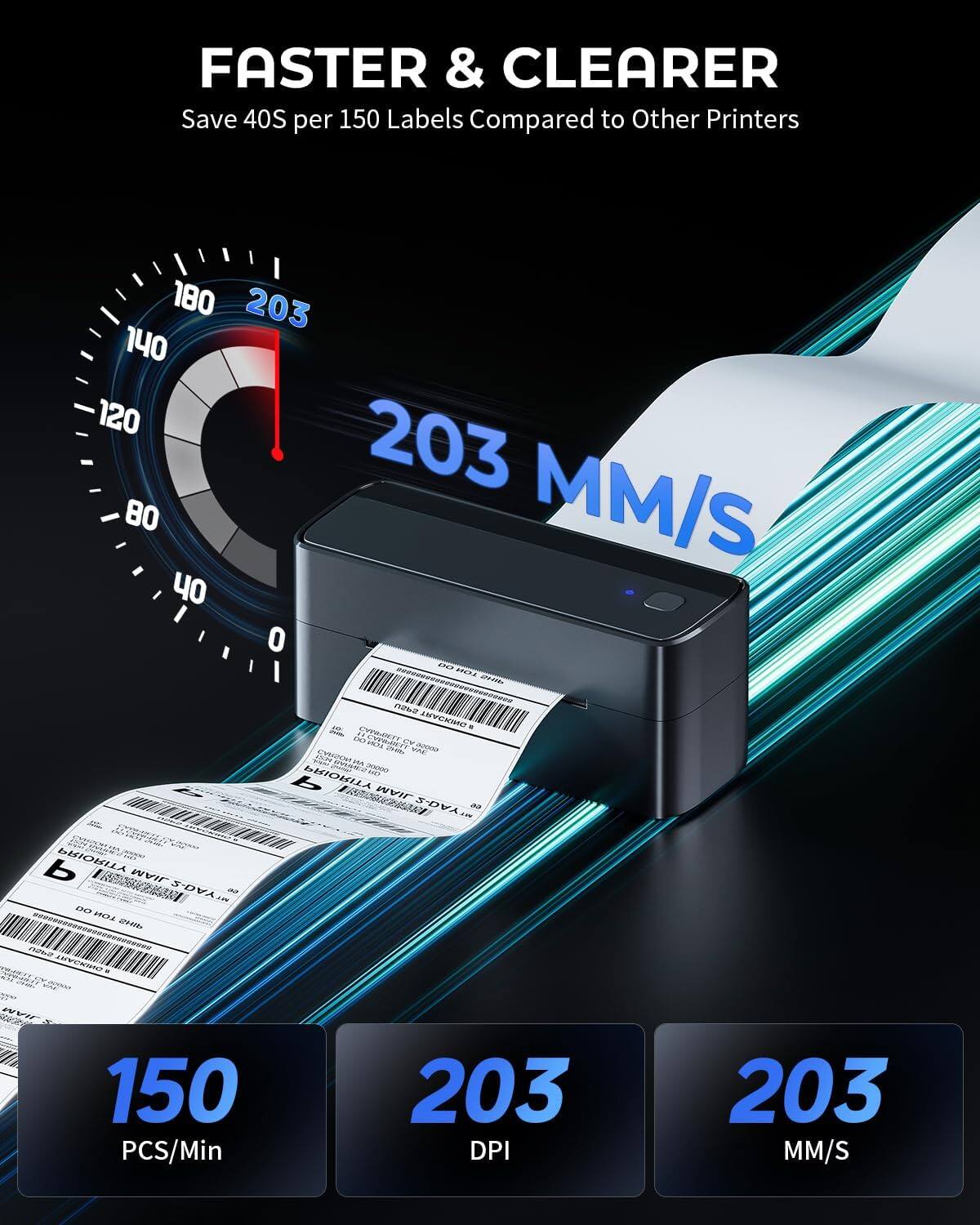 FASTER & CLEARER  
Save 40S per 150 Labels Compared to Other Printers  

203 MM/S  

150 PCS/Min  
203 DPI  
203 MM/S