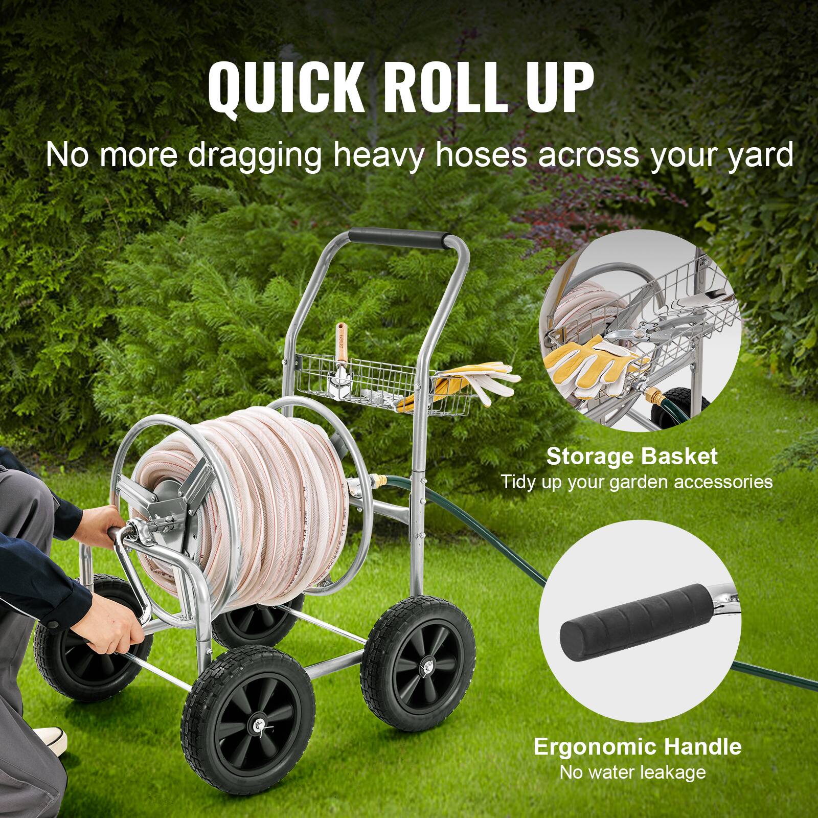 QUICK ROLL UP
No more dragging heavy hoses across your yard
Storage Basket
Tidy up your garden accessories
Ergonomic Handle
No water leakage