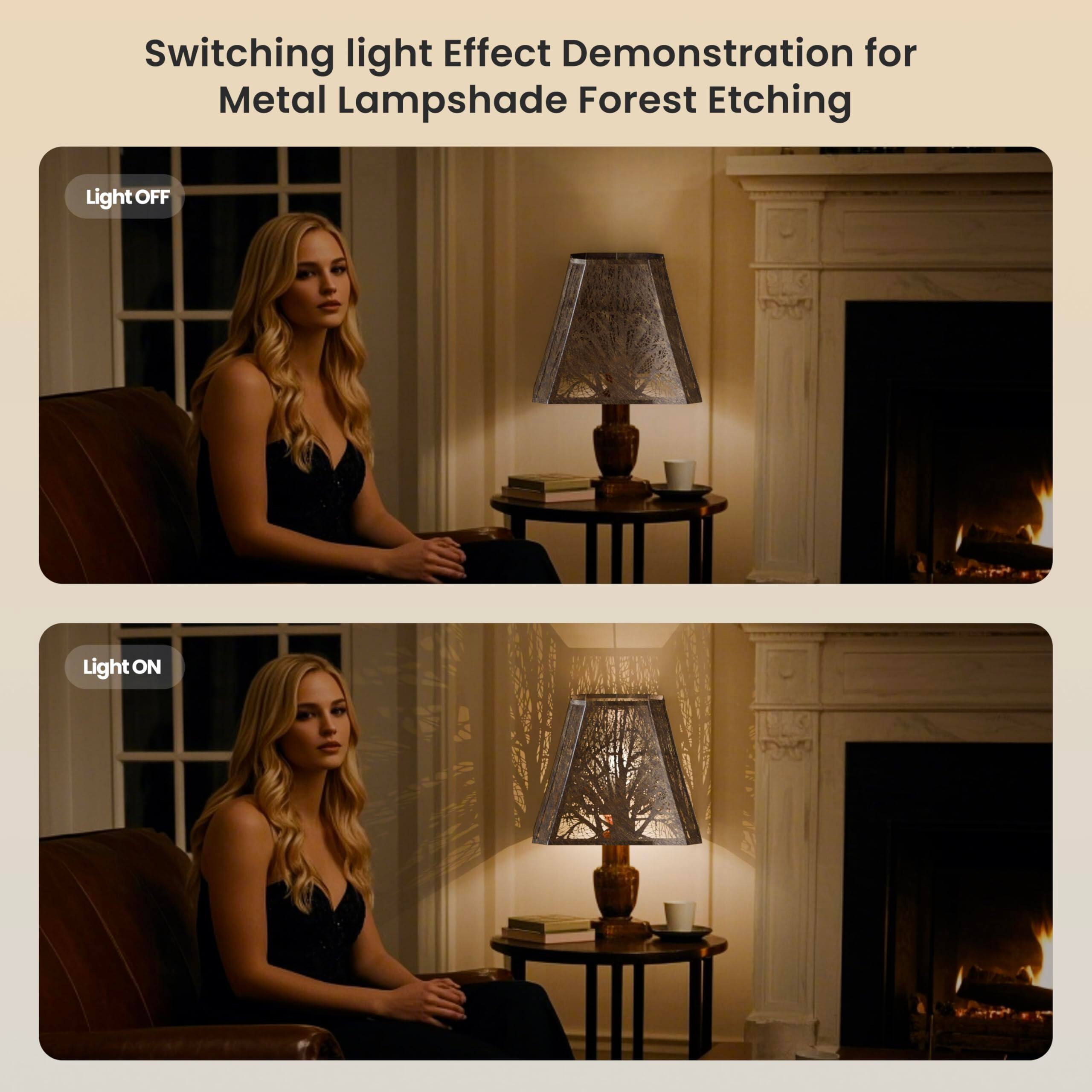 Switching light Effect Demonstration for Metal Lampshade Forest Etching
Light OFF
Light ON
