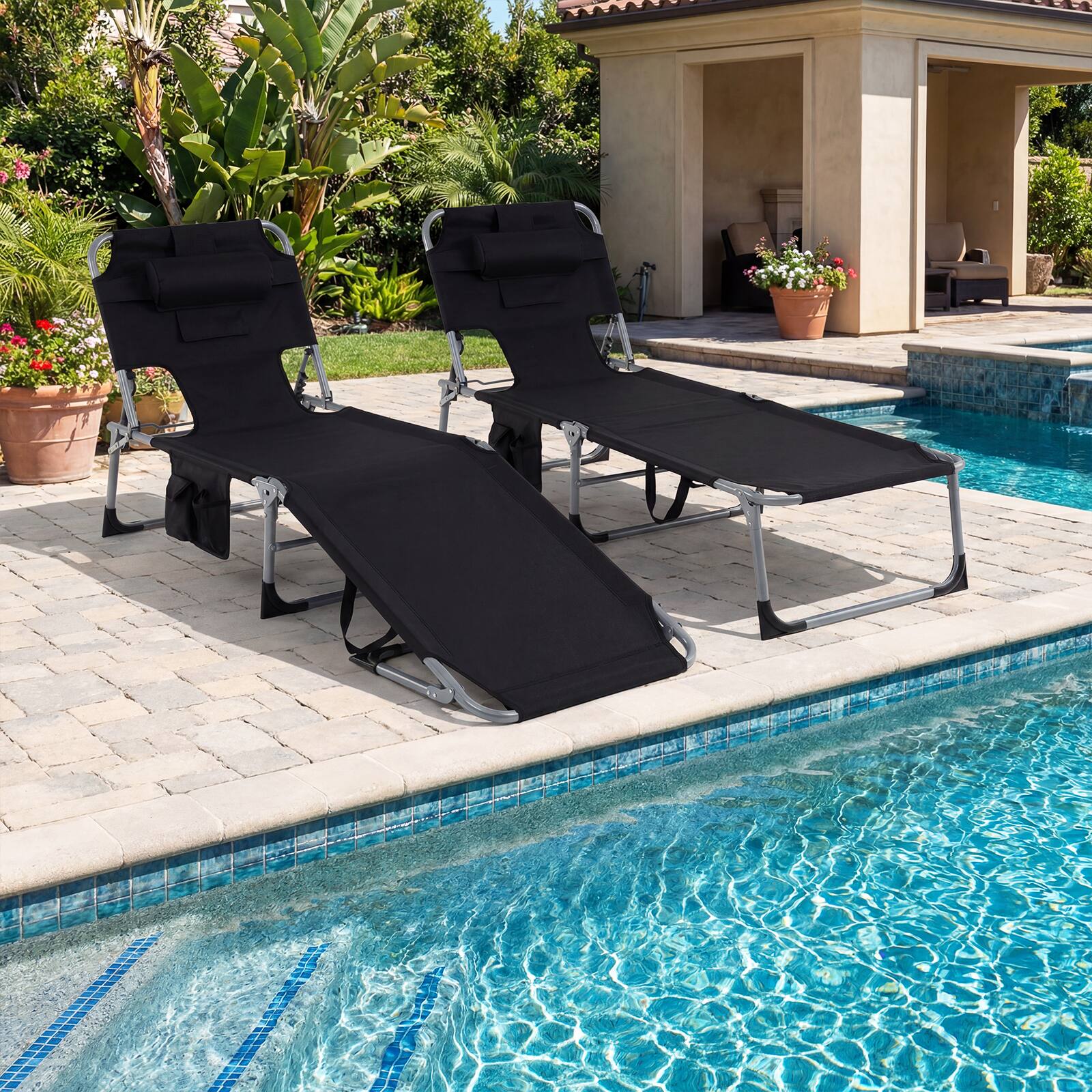 Alt View 1. Gymax - Gymax 2PCS Tanning Chair w/4-Position Adjustable Backrest Face Arm Holes & Pocket - Black.