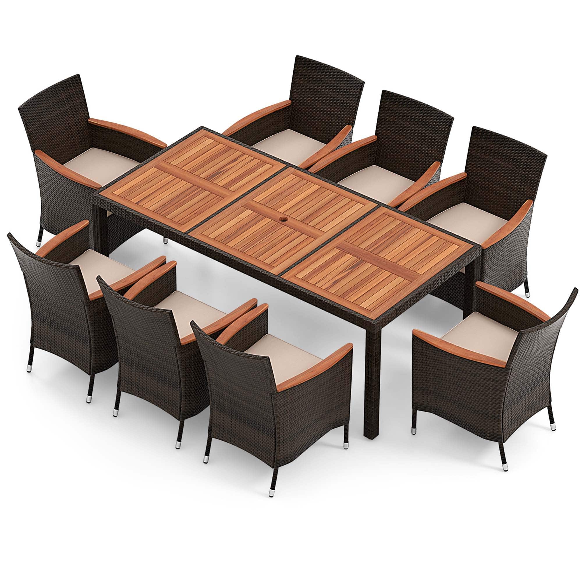 Angle. Costway - 9PCS Patio Wicker Dining Set Acacia Wood Table Top Umbrella Hole Cushions Chairs - Beige.