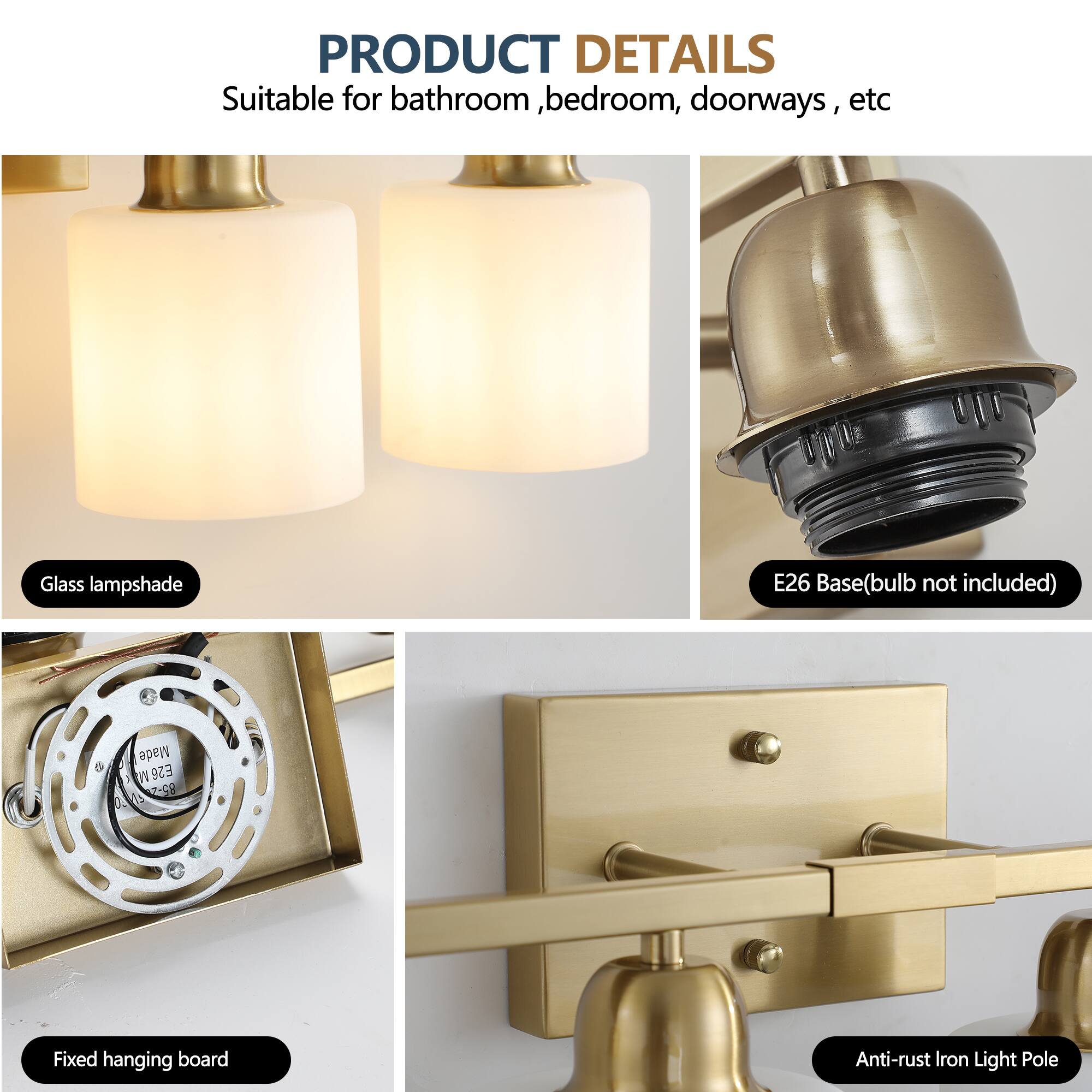 PRODUCT DETAILS  
Suitable for bathroom, bedroom, doorways, etc  
Glass lampshade  
E26 Base (bulb not included)  
Fixed hanging board  
Anti-rust Iron Light Pole