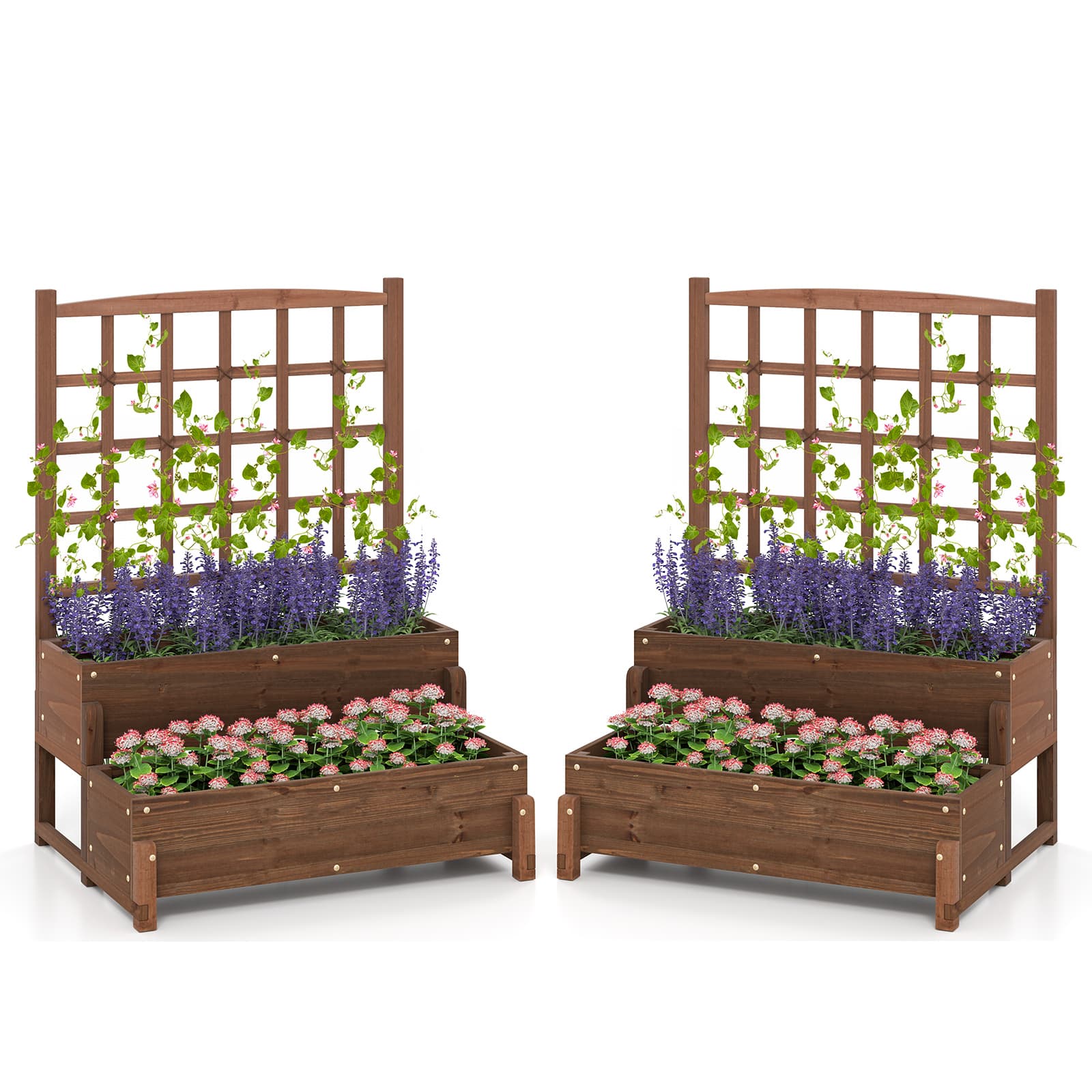 Gymax - 2PCS Raised Garden Bed w/Trellis Drainage Holes Legs Twisting Rope for Backyard - Rustic Brown