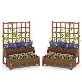 Gymax - 2PCS Raised Garden Bed w/Trellis Drainage Holes Legs Twisting Rope for Backyard - Rustic Brown