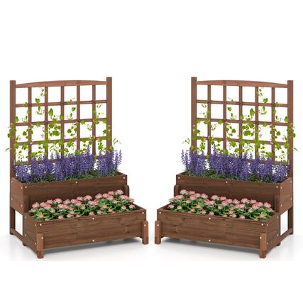 Front. Gymax - Gymax 2PCS Raised Garden Bed w/Trellis Drainage Holes Legs Twisting Rope for Backyard - Rustic Brown.