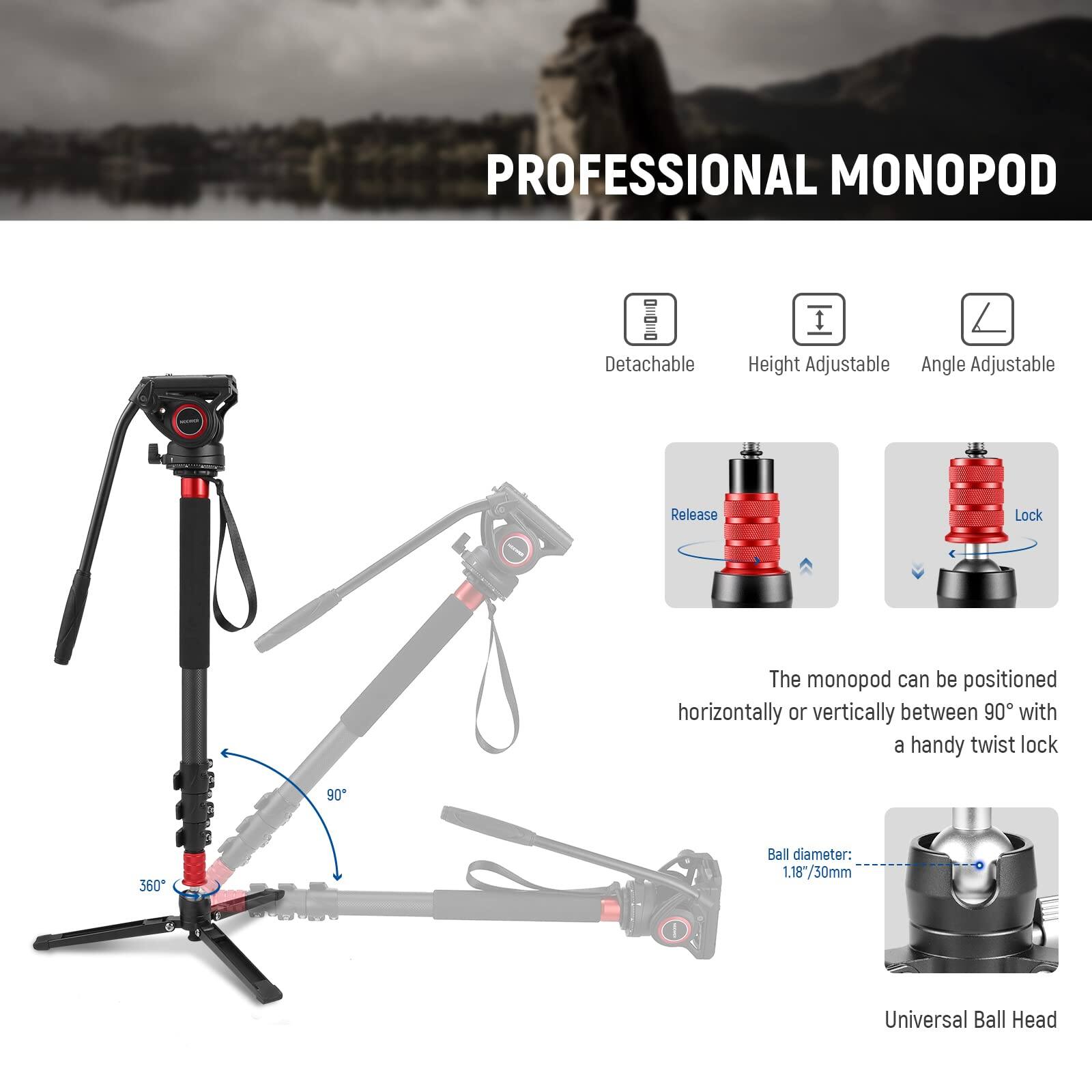 PROFESSIONAL MONOPOD

- Detachable
- Height Adjustable
- Angle Adjustable

The monopod can be positioned horizontally or vertically between 90° with a handy twist lock

Ball diameter: 1.187/30mm

Universal Ball Head