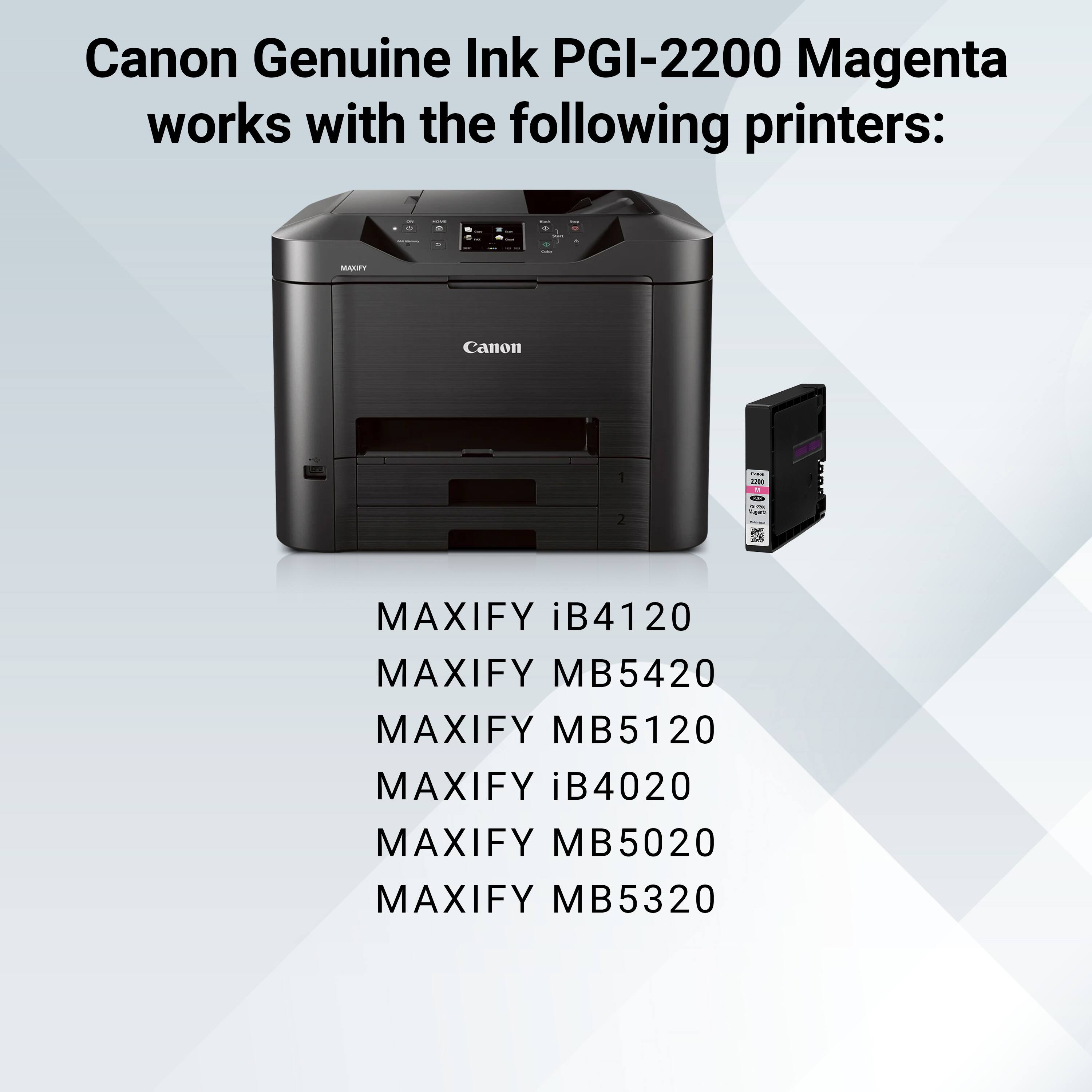 Canon Genuine Ink PGI-2200 Magenta works with the following printers:

- MAXIFY iB4120
- MAXIFY MB5420
- MAXIFY MB5120
- MAXIFY iB4020
- MAXIFY MB5020
- MAXIFY MB5320