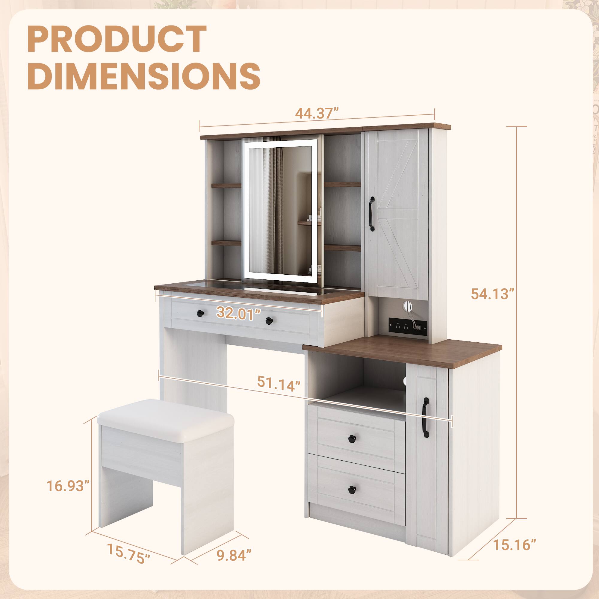 PRODUCT DIMENSIONS

- 44.37"
- 32.01"
- 54.13"
- 51.14"
- 16.93"
- 15.75"
- 9.84"
- 15.16"