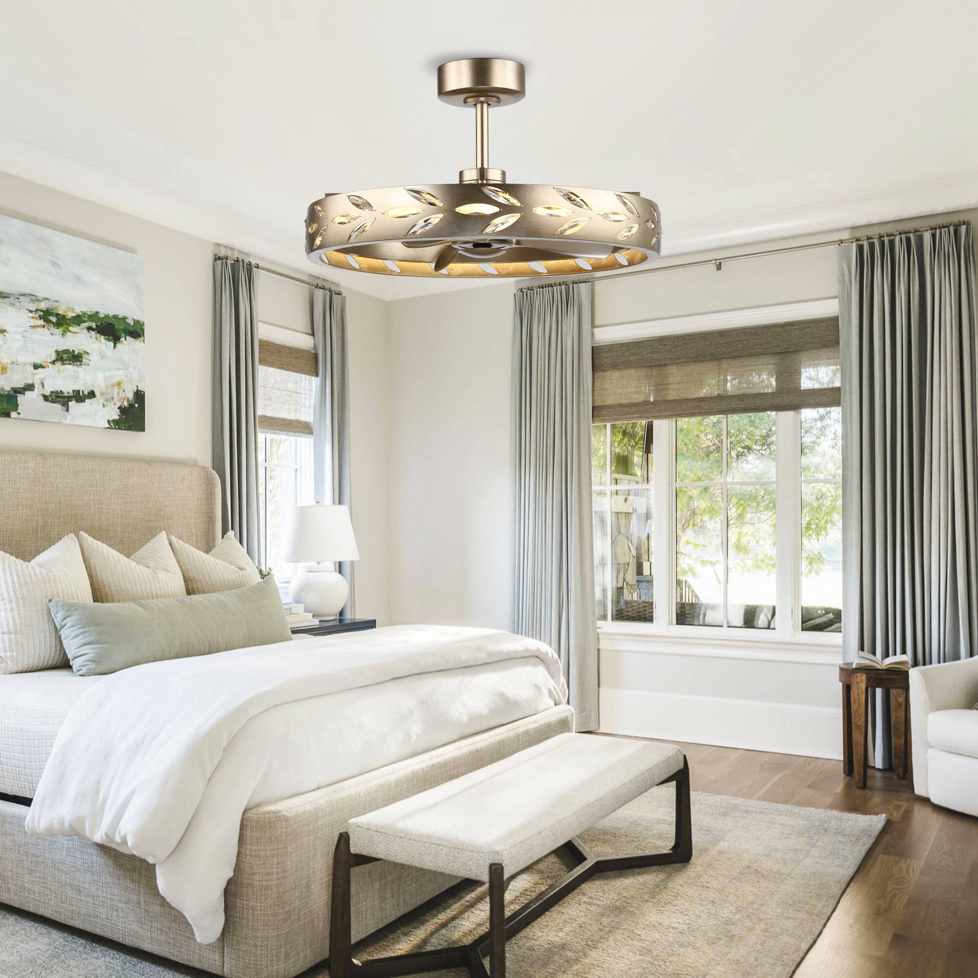 Angle. Perimost - 30" Modern Rusted Silver Crystal 6-speed LED Chandelier Ceiling Fan with Light and Remote, Reversible DC Motor - Rusted Silver.