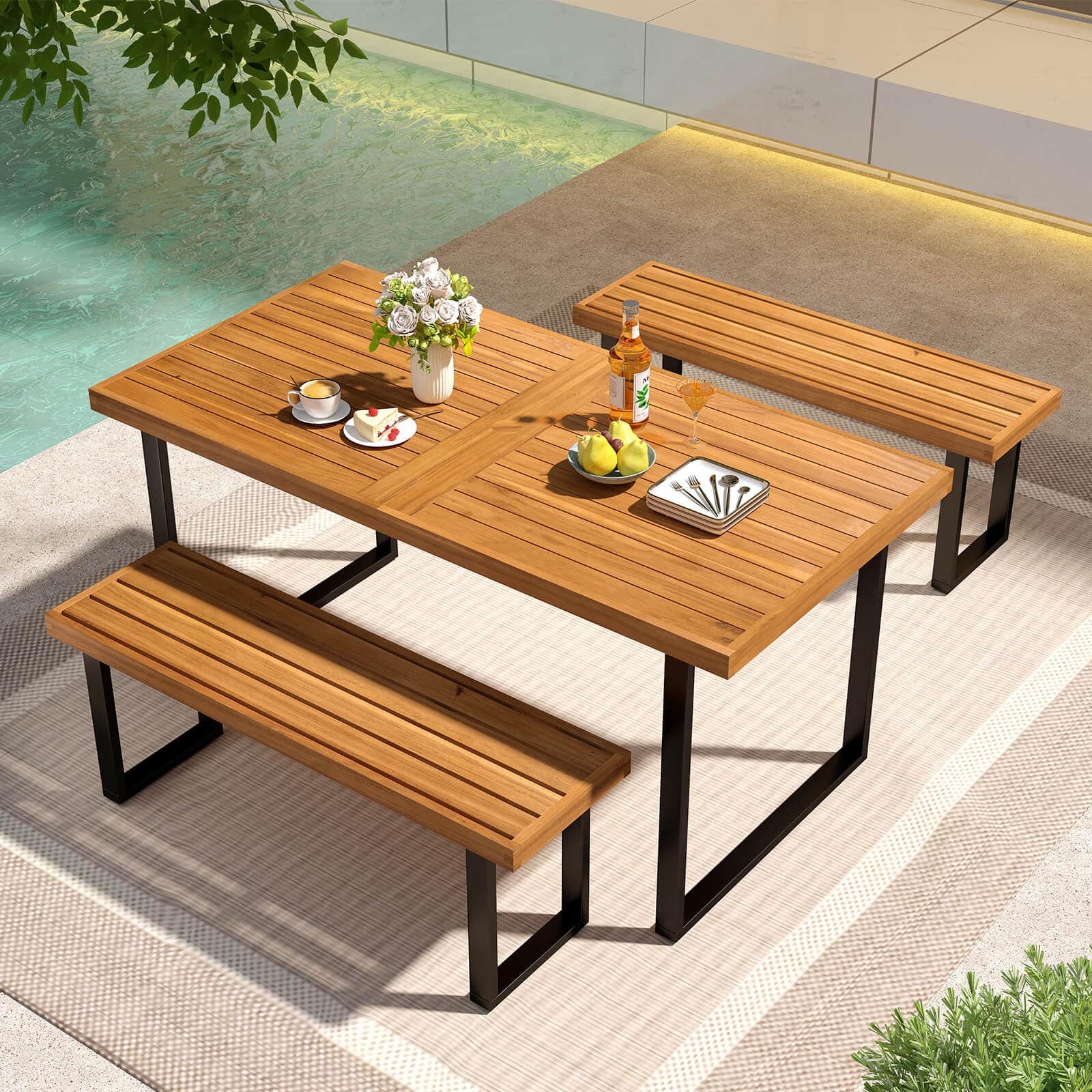 Front. Costway - Costway 3PCS Patio Dining Table Set, 63" Rectangle Table 2 Backless Bench Umbrella Hole - Natural,Black.