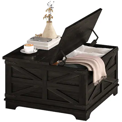 Front. Homcom - Farmhouse Coffee Table with Storage, Center Table with Hinged Lift Top and Hidden Space, Square Coffee Table - Distressed Black.