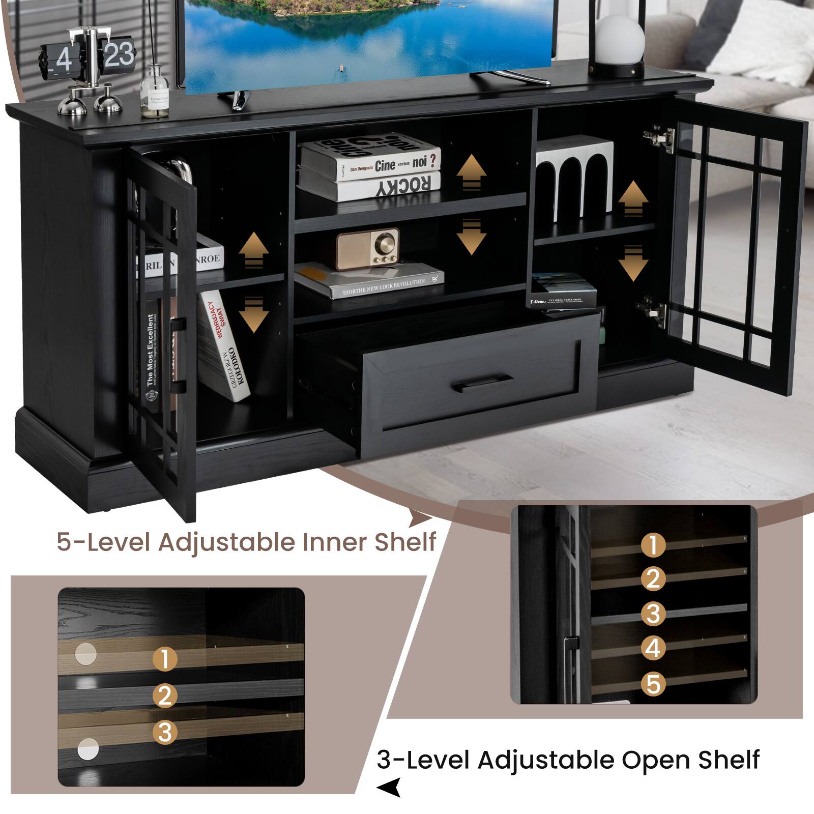4 23  
Cine - noi ?  
ROCKY VOH RIL  
Excellent Most E I 1 ROE BORNUACY SIAT REW 2  
LMNS : Ct F VIRLCOR Tootiet  

5-Level Adjustable Inner Shelf  
1 2 3 4 1 5 2 3  

3-Level Adjustable Open Shelf  
1 2 3 4 5