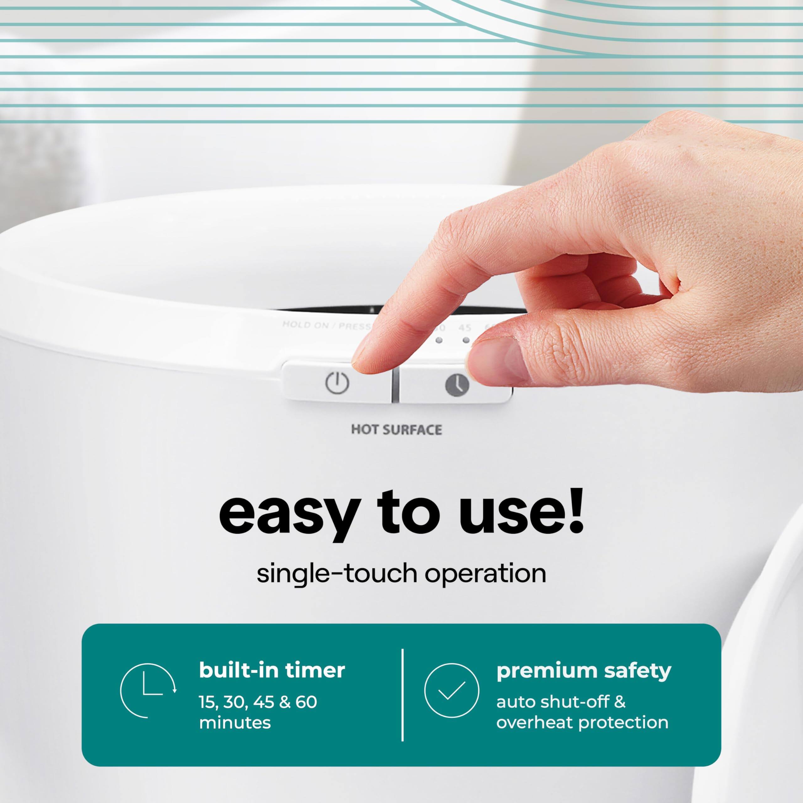 - HOLD ON - PRESS 45
- HOT SURFACE
- easy to use!
- single-touch operation
- built-in timer
  - 15, 30, 45 & 60 minutes
- premium safety
  - auto shut-off & overheat protection