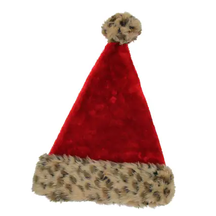 Front. Northlight - 17" Red and Brown Leopard Cuffed Adult Christmas Santa Hat Costume Accessory, Unisex, One Size - Red.