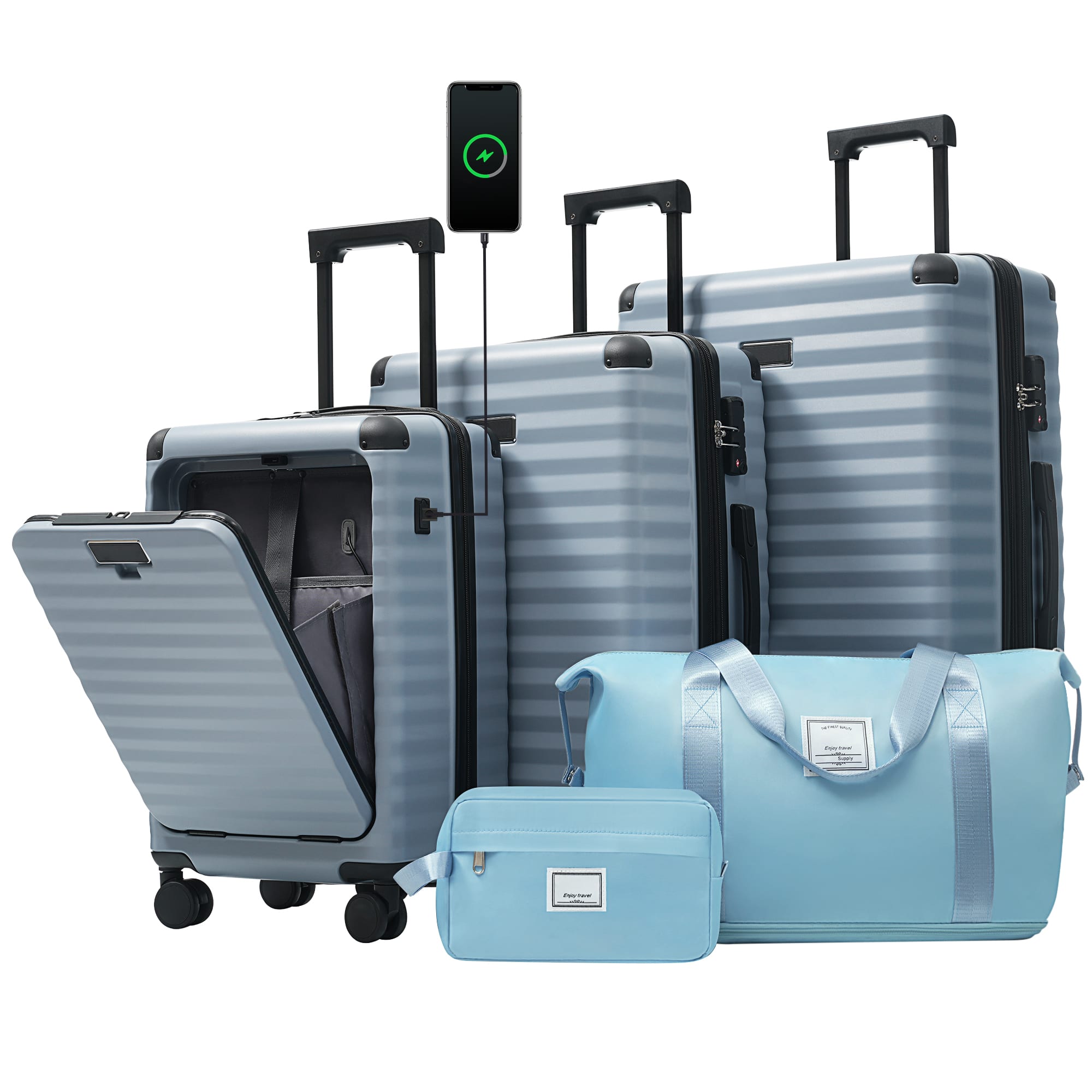 Front. Ecooso - 5-Piece Expandable ABS Spinner Luggage Set with TSA Lock, USB Port Carry-On, Cup Holder, Duffel, and Toiletry Bag - Sky Blue.