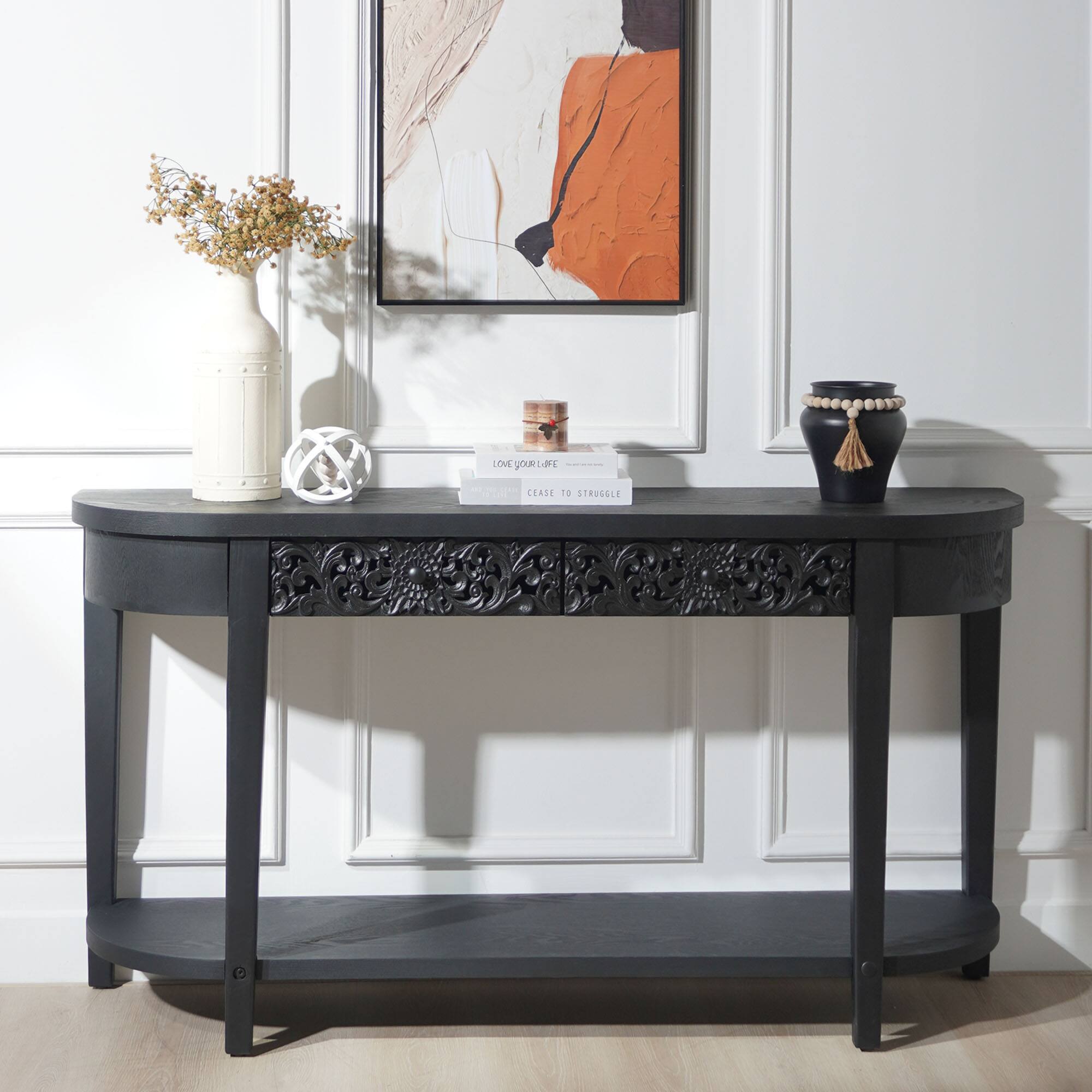 TinyHomie - 59.2in Carved Wooden Console Table with Lower Storage Shelf Tow Drawers– Elegant Decorative Accent for Entryway - Black