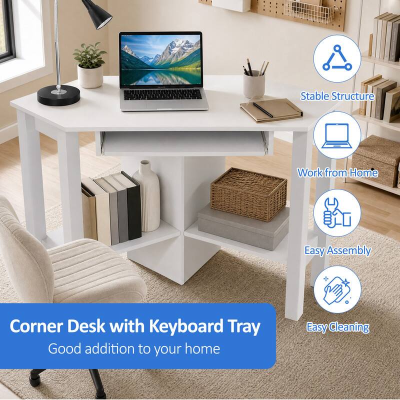 Stable Structure  
Work from Home  
Easy Assembly  
Corner Desk with Keyboard Tray  
Good addition to your home  
Easy Cleaning