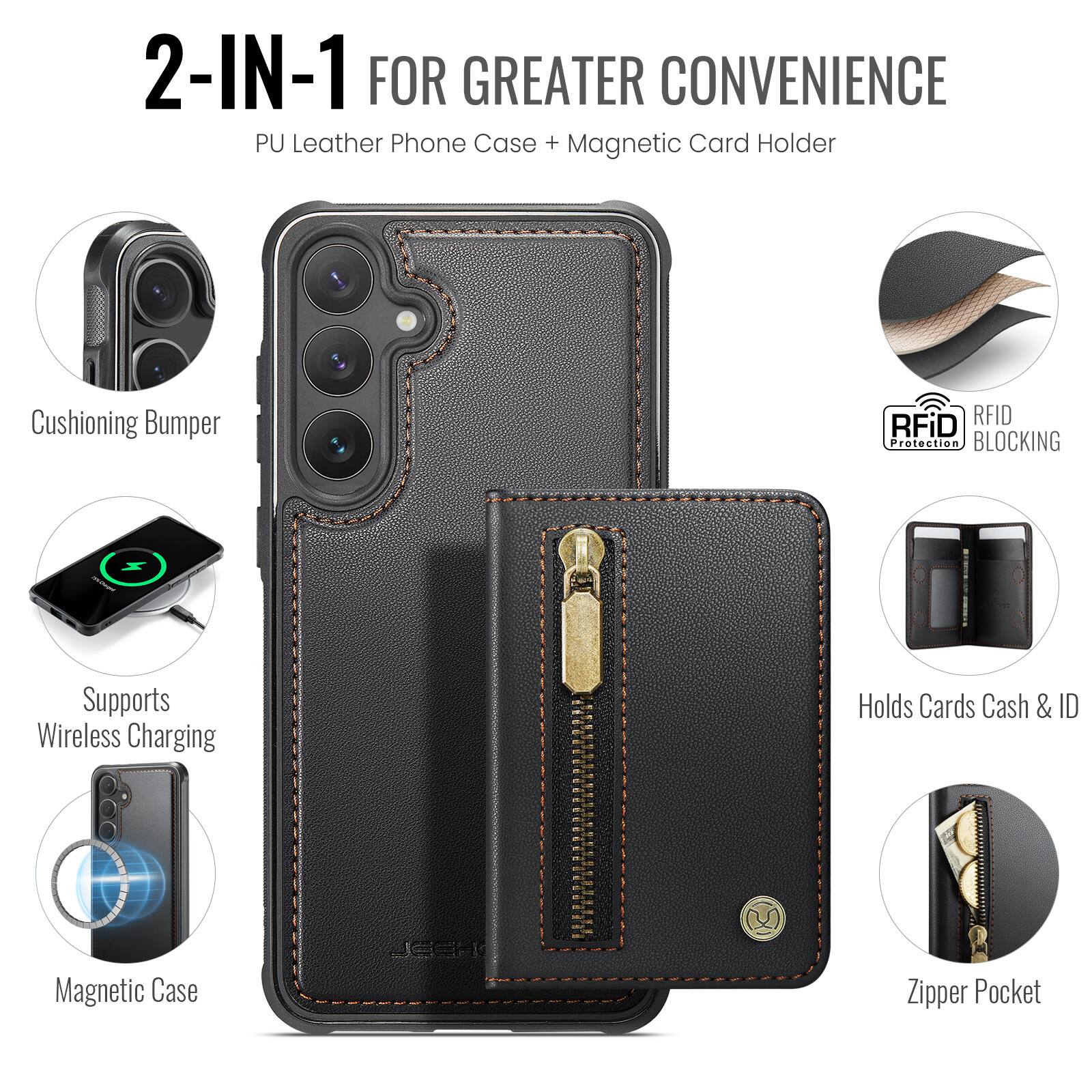 2-IN-1 FOR GREATER CONVENIENCE  
PU Leather Phone Case + Magnetic Card Holder  

- Cushioning Bumper  
- Supports Wireless Charging  
- Magnetic Case  
- RFID Protection BLOCKING  
- Holds Cards Cash & ID  
- Zipper Pocket