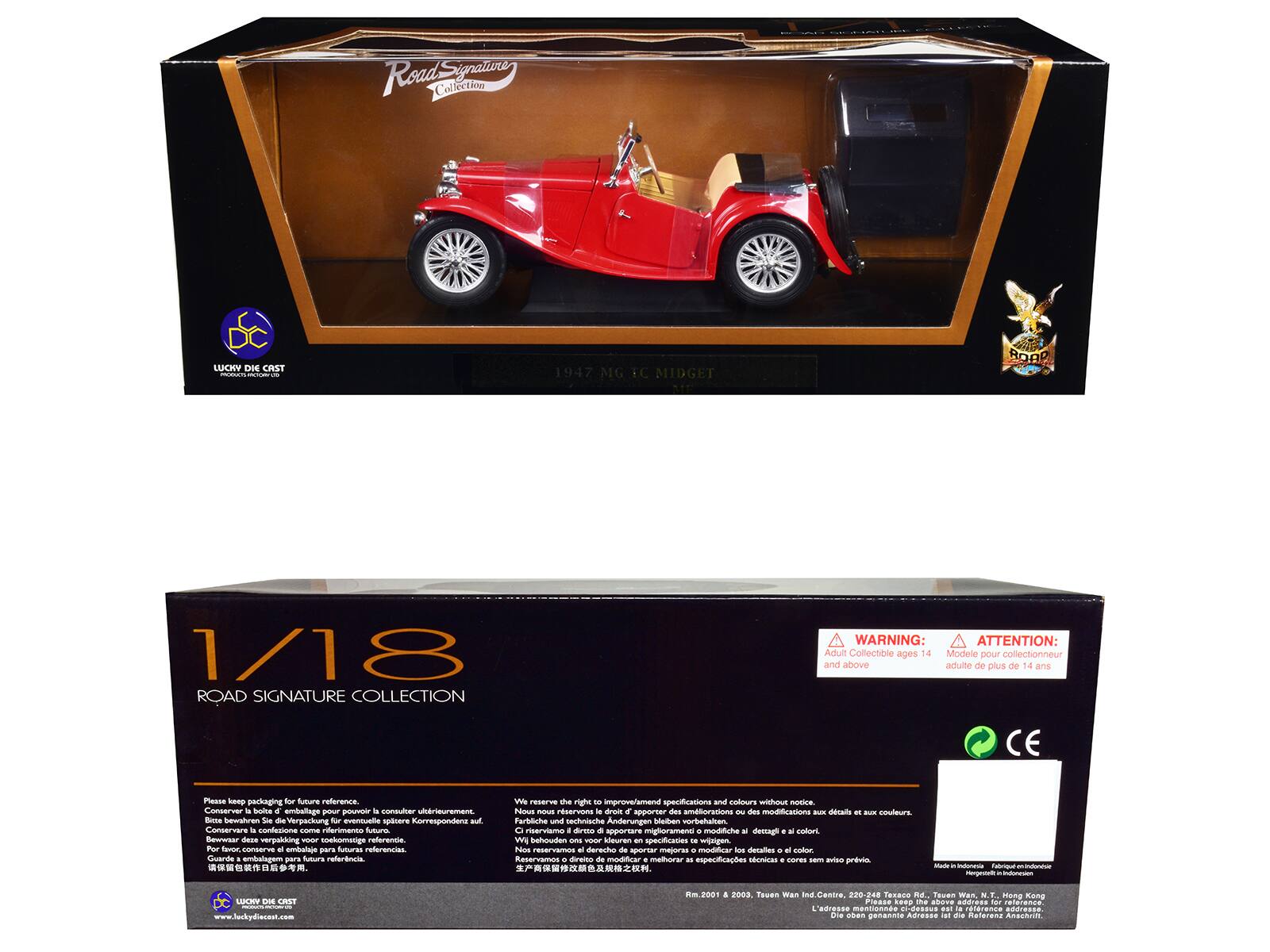 Road Signature Collection  
LUCKY DIE CAST A-- R.E 1947 MG iC MIDGET  
1/18 ROAD SIGNATURE COLLECTION  

WARNING: ATTENTION: Adult Collectible ages 14 and above  
Modele pour collectionneur adulte de plus de 14 ans  

Please keep packaging for future reference.  
Conserver le boîte d'emballage pour pouvoir la consulter à l'avenir.  
Bitte bewahren Sie die Verpackung für eventuelle spätere Korrespondenz.  
Bewaar deze verpakking voor toekomstige referentie.  
Guarde empaque para futuras referencias.  
Conservez l'emballage pour référence future.  

We reserve the right to improve/amend specifications and colours without notice.  
Nous nous réservons le droit d'apporter des modifications ou des modifications aux détails et aux couleurs.  
Wir behalten uns vor, die Spezifikationen und Farben zu ändern.  
Nos reservamos el derecho de modificar los detalles y colores.  
Nous réservons le droit d'améliorer ou modifier les spécifications et les couleurs.
