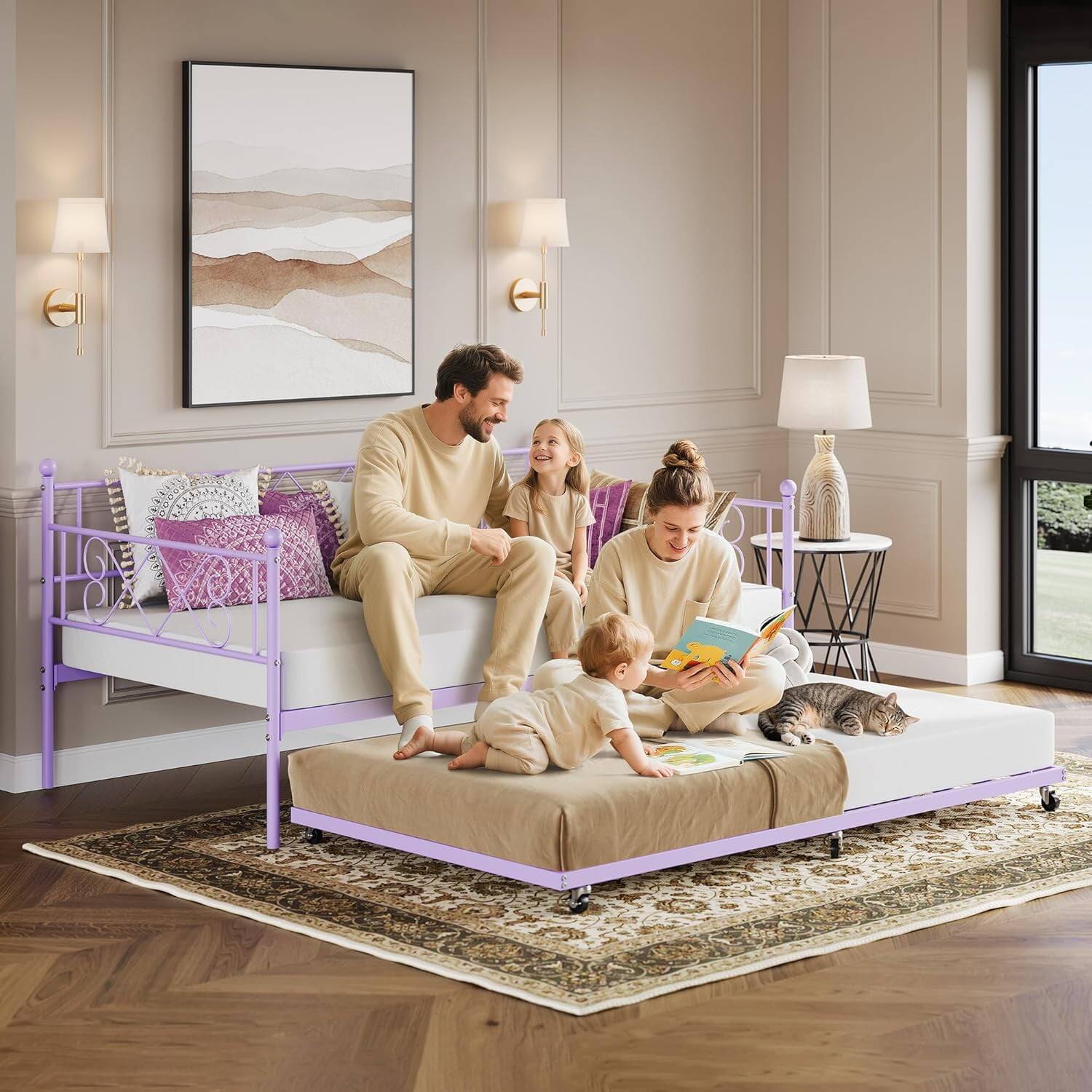 Alt View 2. GARVEE - Twin Daybed with Trundle, Metal Frame, Heart-Shaped Headboard, Purple – Space-Saving & Cute - Purple.