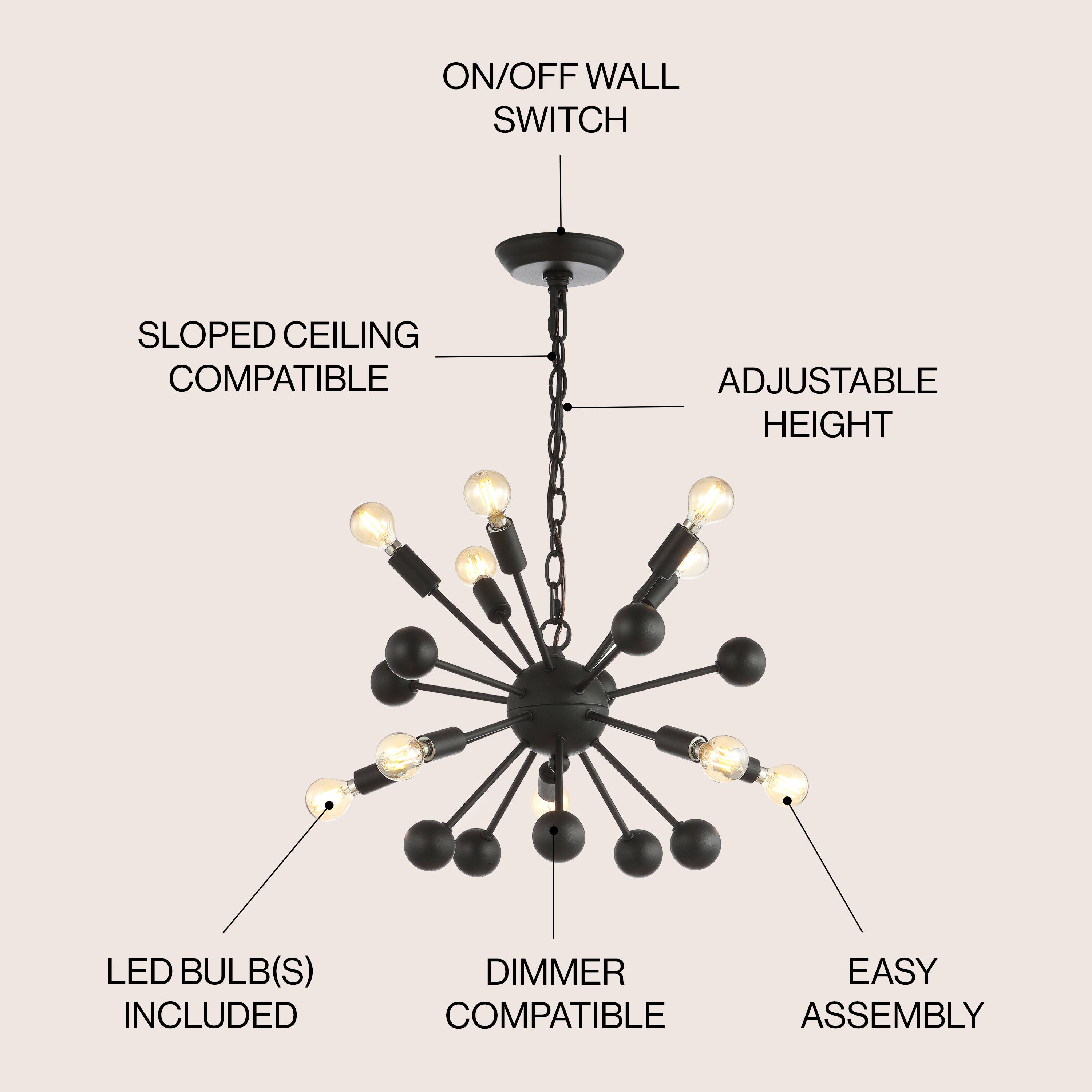 - ON/OFF WALL SWITCH
- SLOPED CEILING COMPATIBLE
- ADJUSTABLE HEIGHT
- LED BULB(S) INCLUDED
- DIMMER COMPATIBLE
- EASY ASSEMBLY