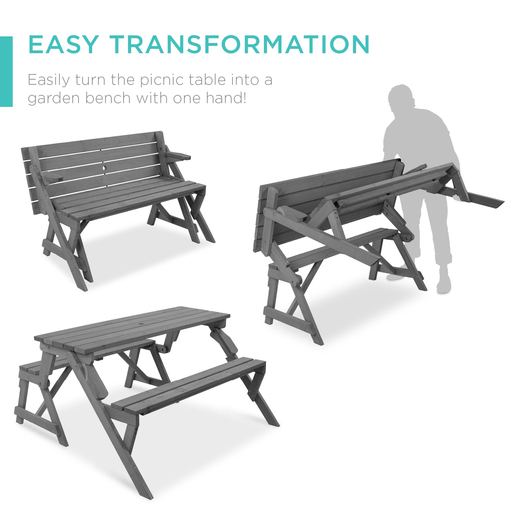 EASY TRANSFORMATION  
Easily turn the picnic table into a garden bench with one hand!