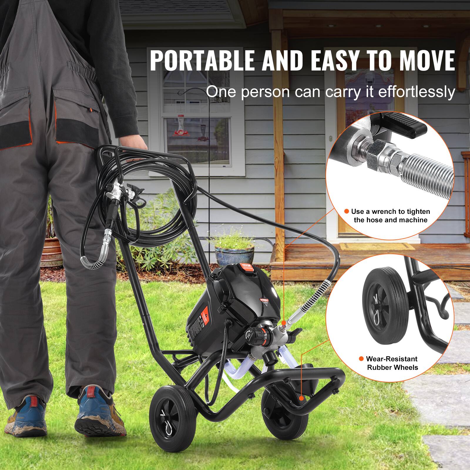 PORTABLE AND EASY TO MOVE  
One person can carry it effortlessly

- Use a wrench to tighten the hose and machine
- Wear-Resistant Rubber Wheels