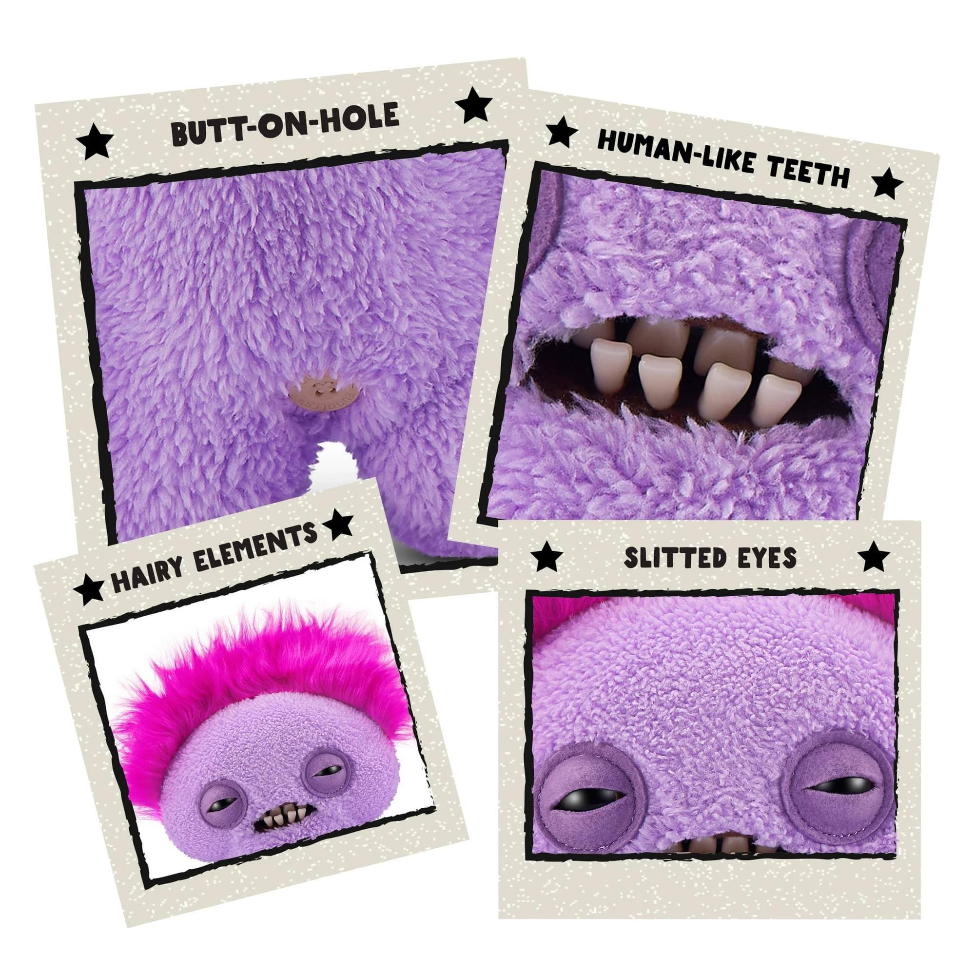 - Butt-on-hole
- Human-like teeth
- Hairy elements
- Slitted eyes