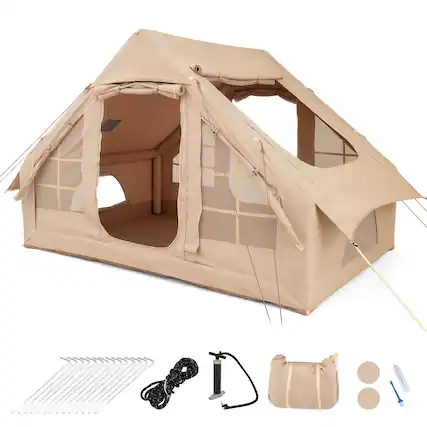 Front. Costway - Costway 4-6 People Inflatable Tent with 4 Mesh Screen Windows 2 Doors Skylight Carrying Bag - Beige.
