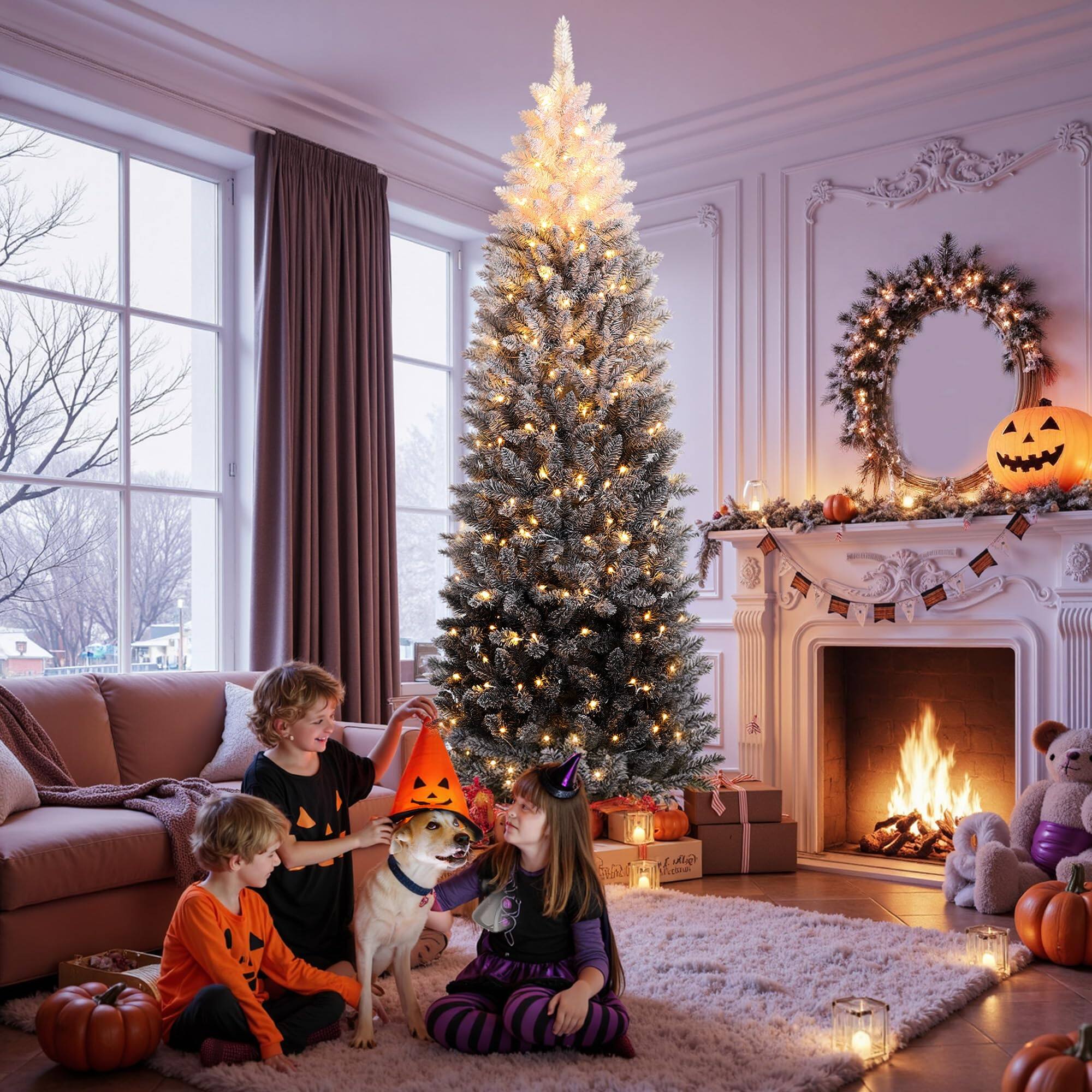 Left. Jojoka - 6Ft Snow Flocked Pencil Christmas Tree, Slim Gradient Xmas Tree with Metal Stand, Holiday Decor - 6 Ft Black.