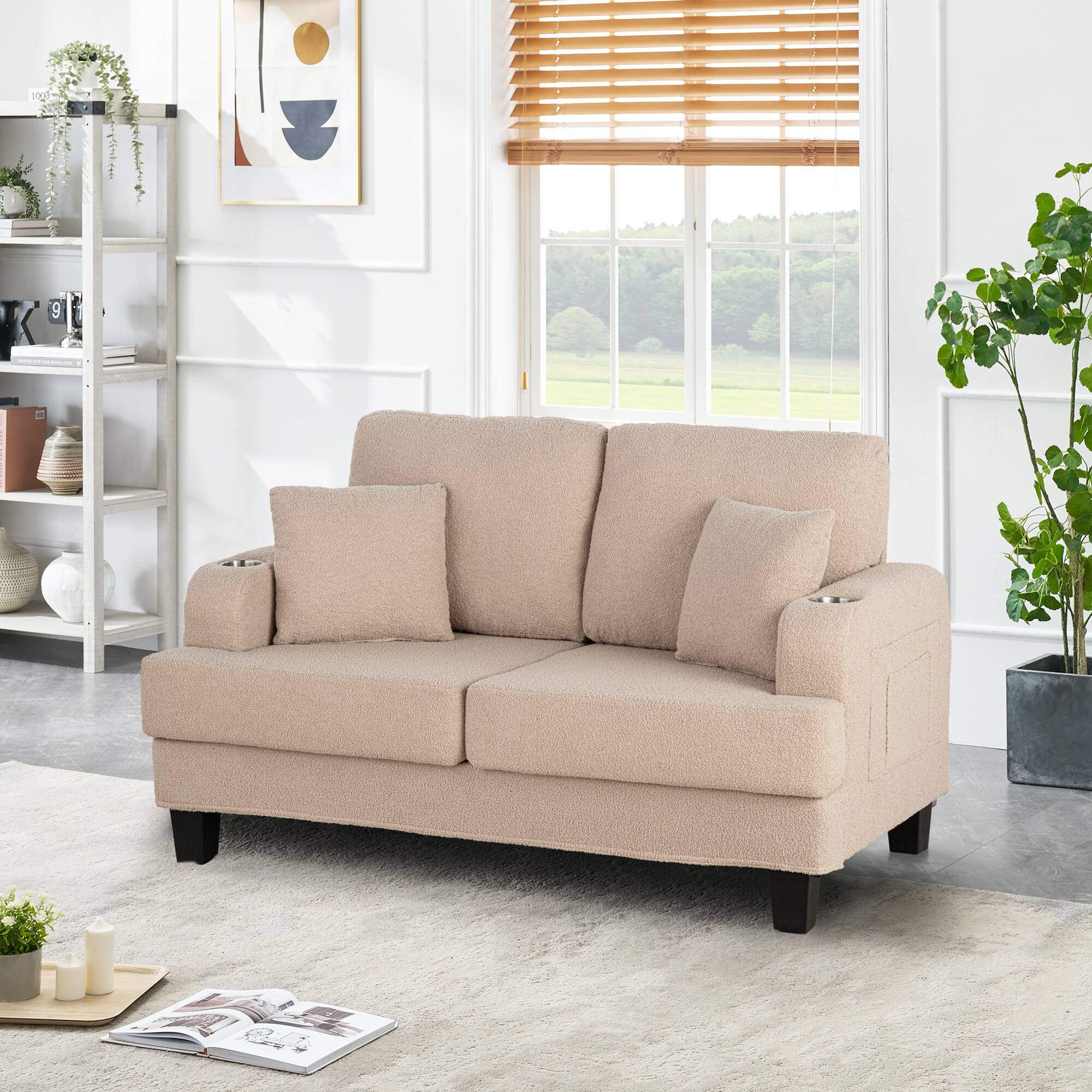 Left. Vaczon - 60" Loveseat Sofa with 2 Cup Holders and 2 Throw Pillows, Modern Upholstered 2-Seater Couch for Living Room or Apartment - Beige.